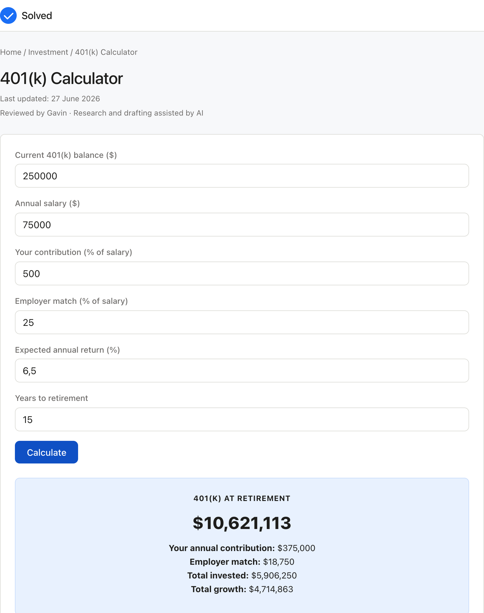 401(k) Calculator with sample inputs filled and the result shown
