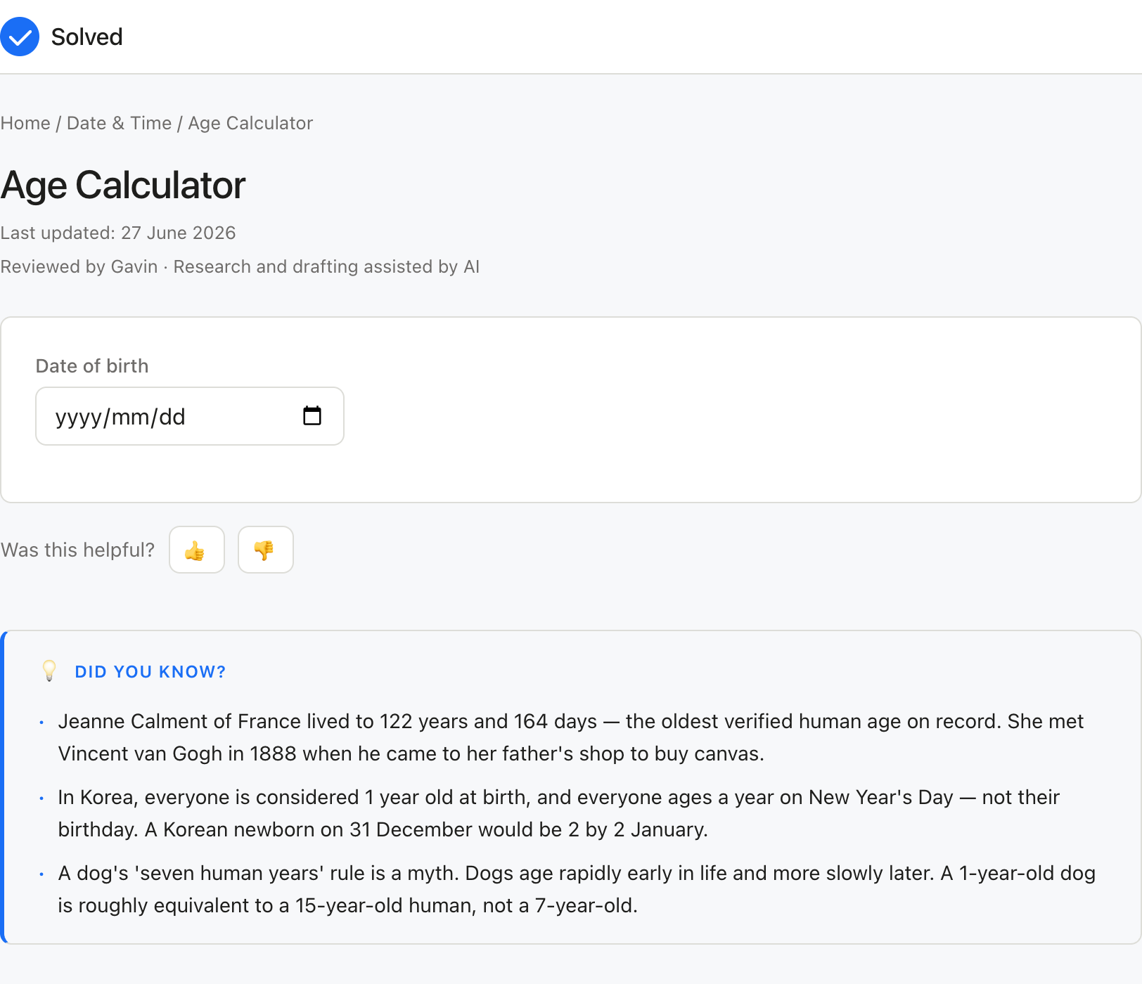 Age Calculator with sample inputs filled and the result shown