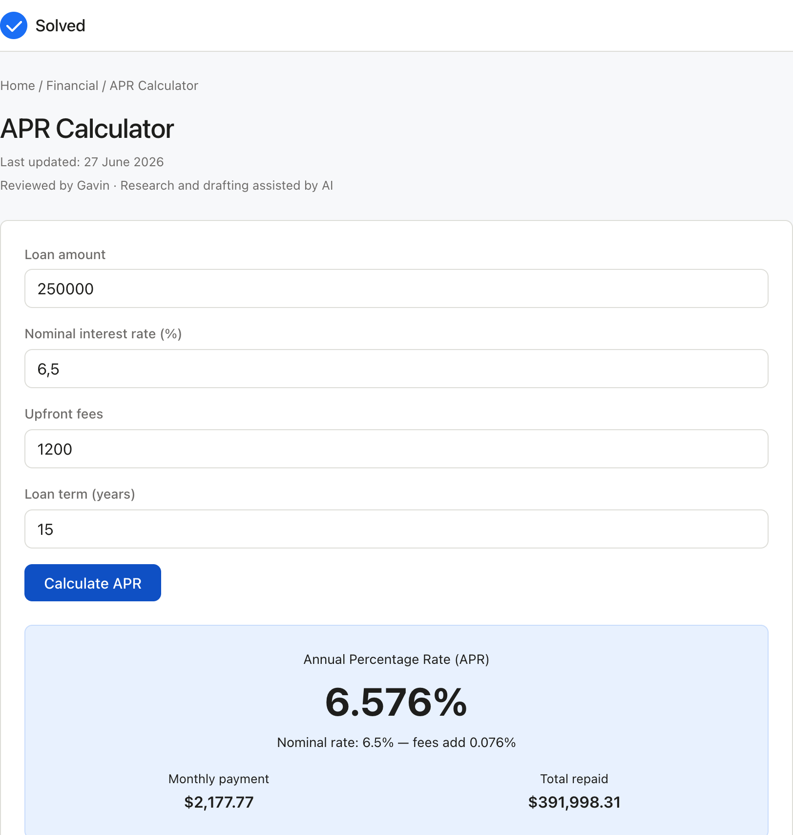 APR Calculator with sample inputs filled and the result shown