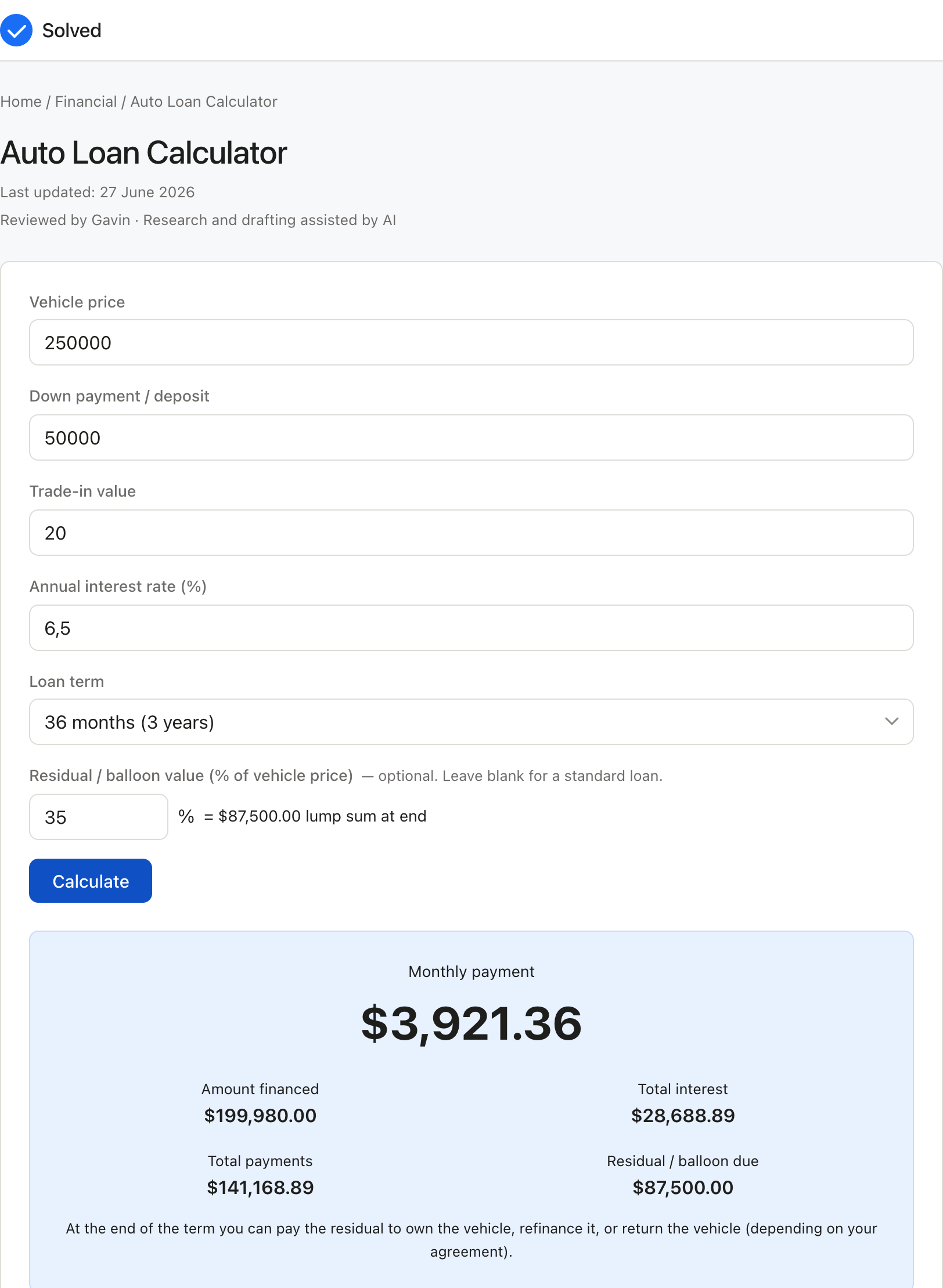 Auto Loan Calculator with sample inputs filled and the result shown