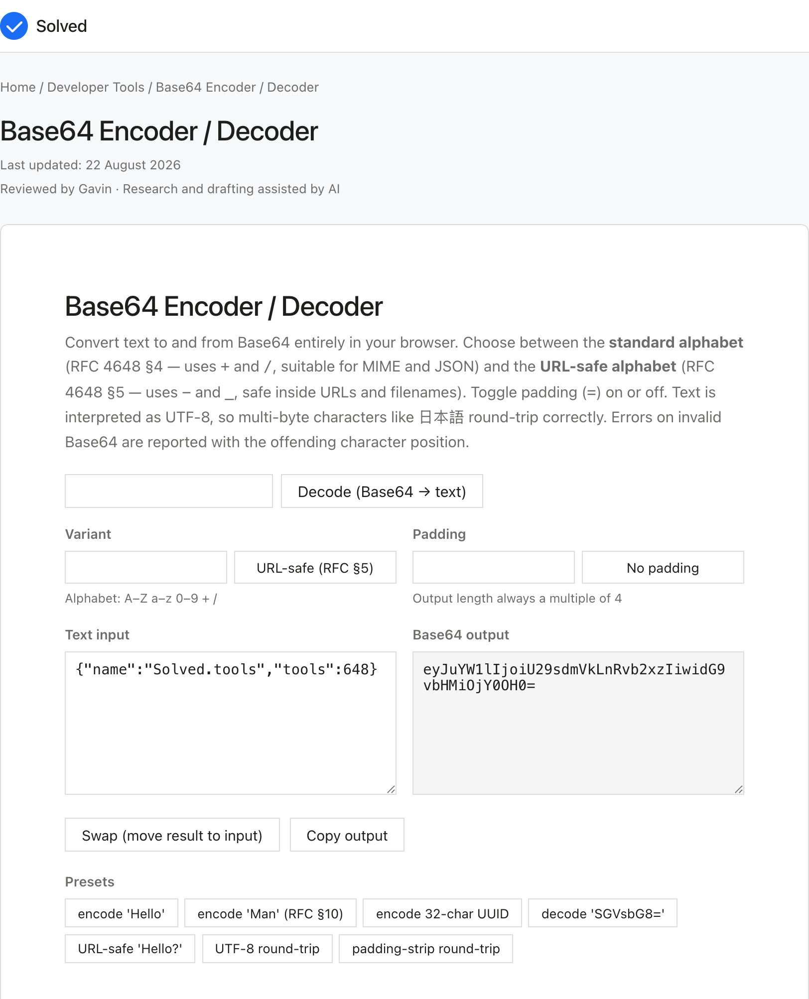 Base64 Encoder / Decoder with sample inputs filled and the result shown