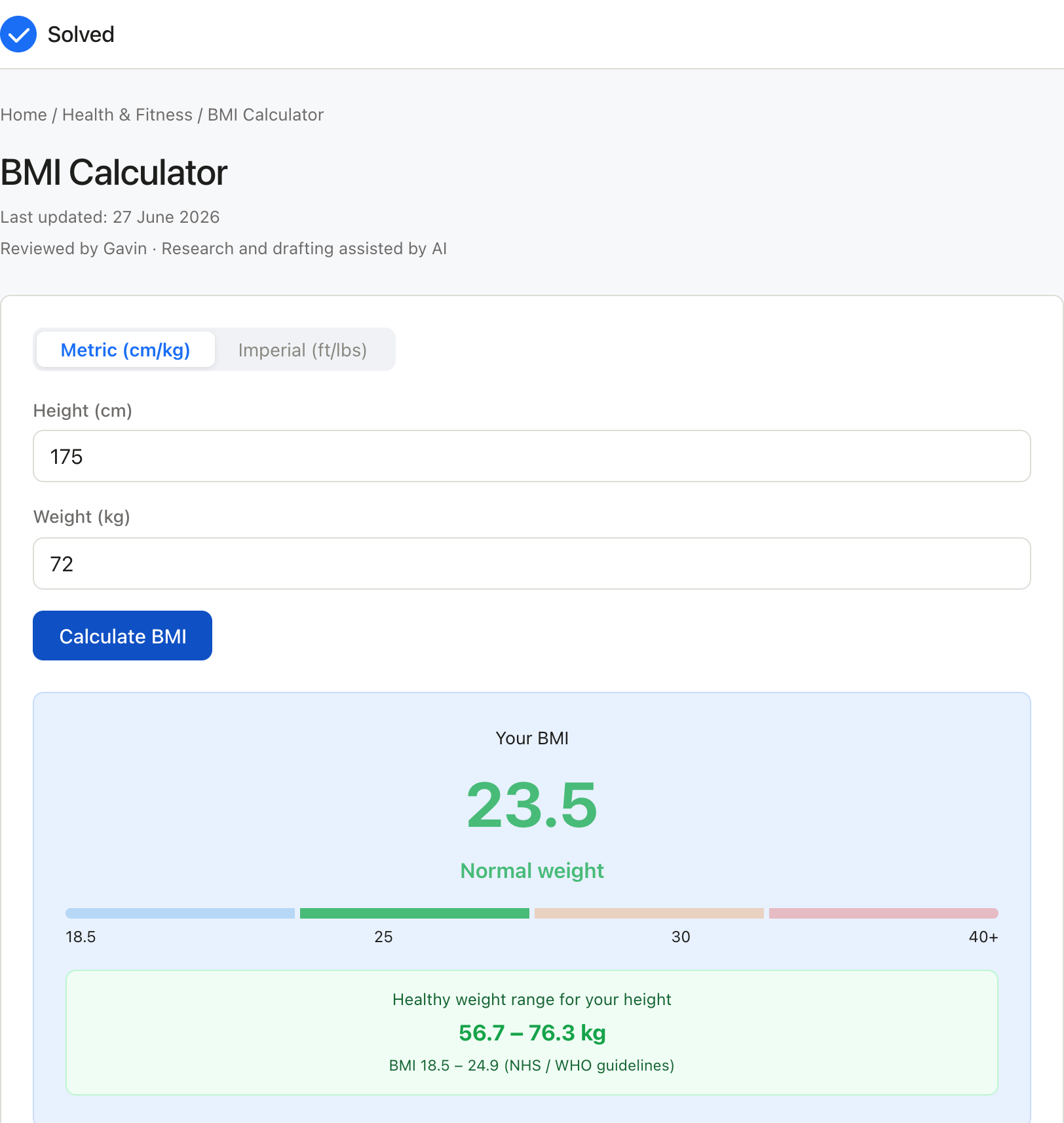 BMI Calculator with sample inputs filled and the result shown