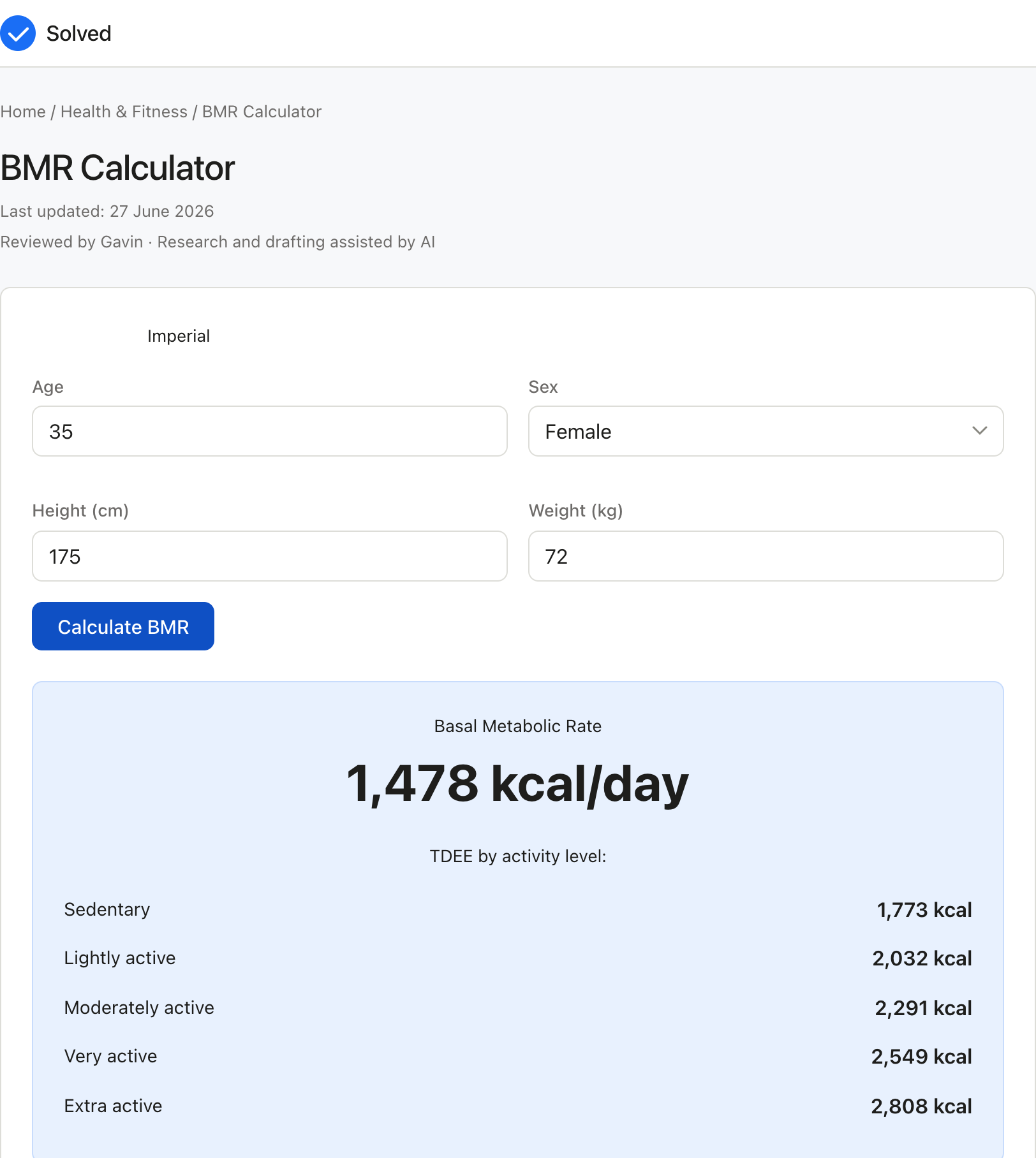 BMR Calculator with sample inputs filled and the result shown