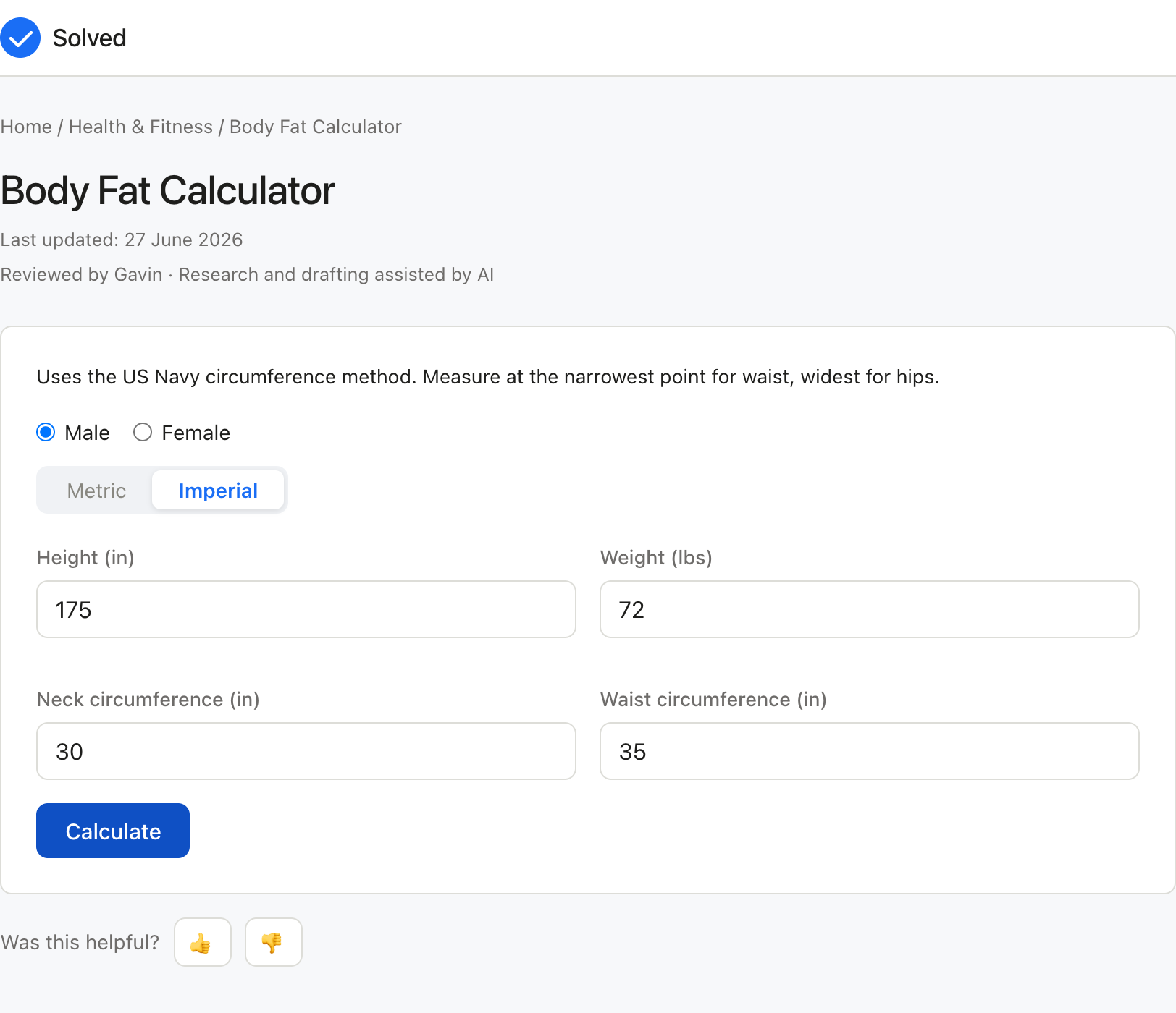 Body Fat Calculator with sample inputs filled and the result shown