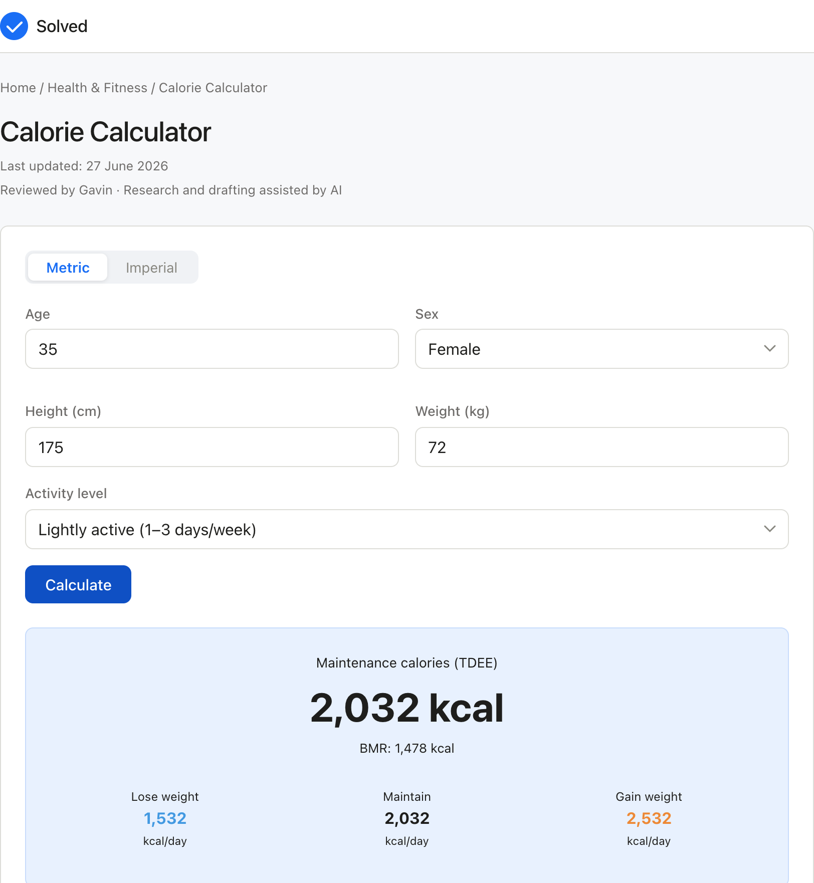 Calorie Calculator with sample inputs filled and the result shown