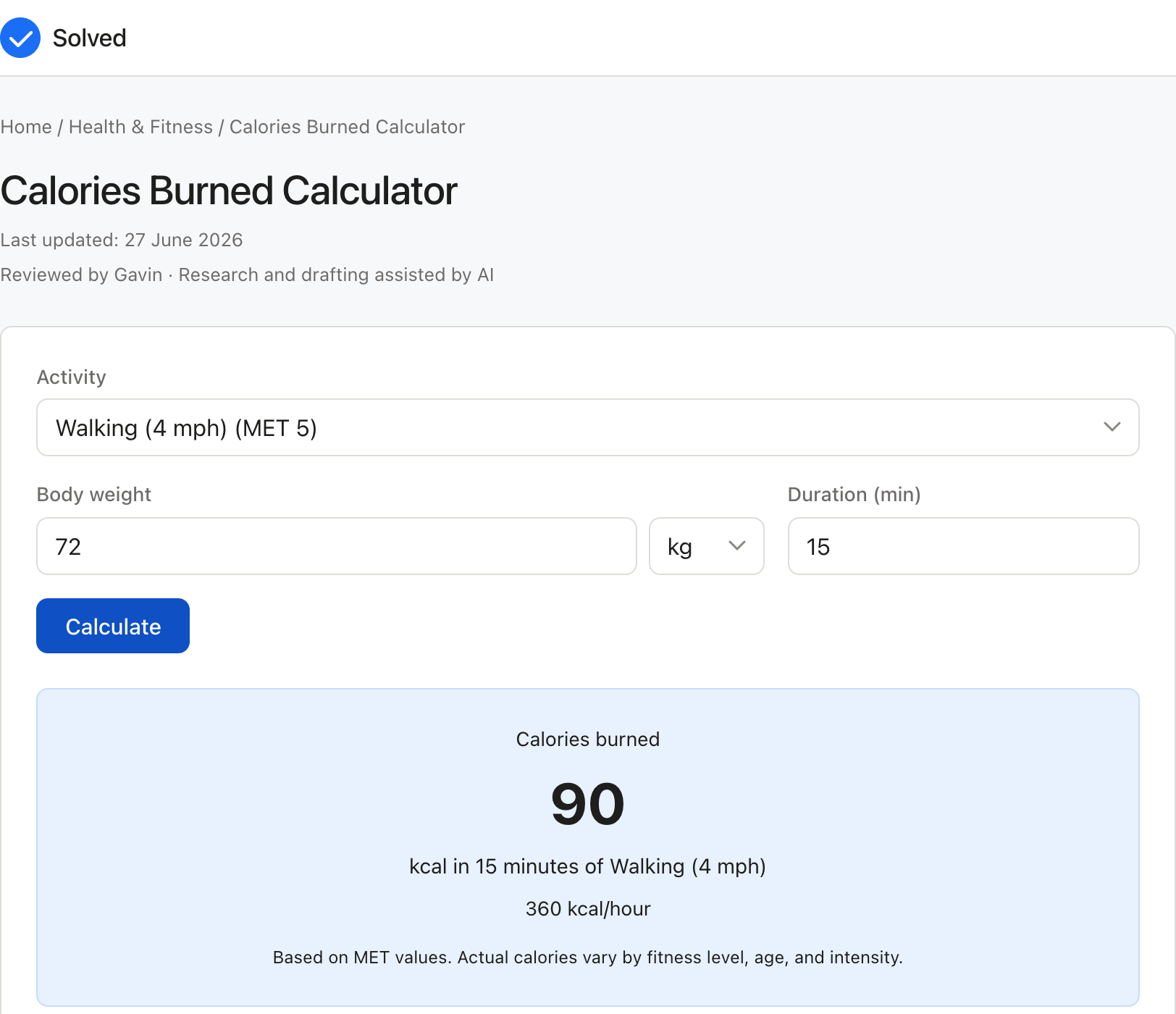 Calories Burned Calculator with sample inputs filled and the result shown