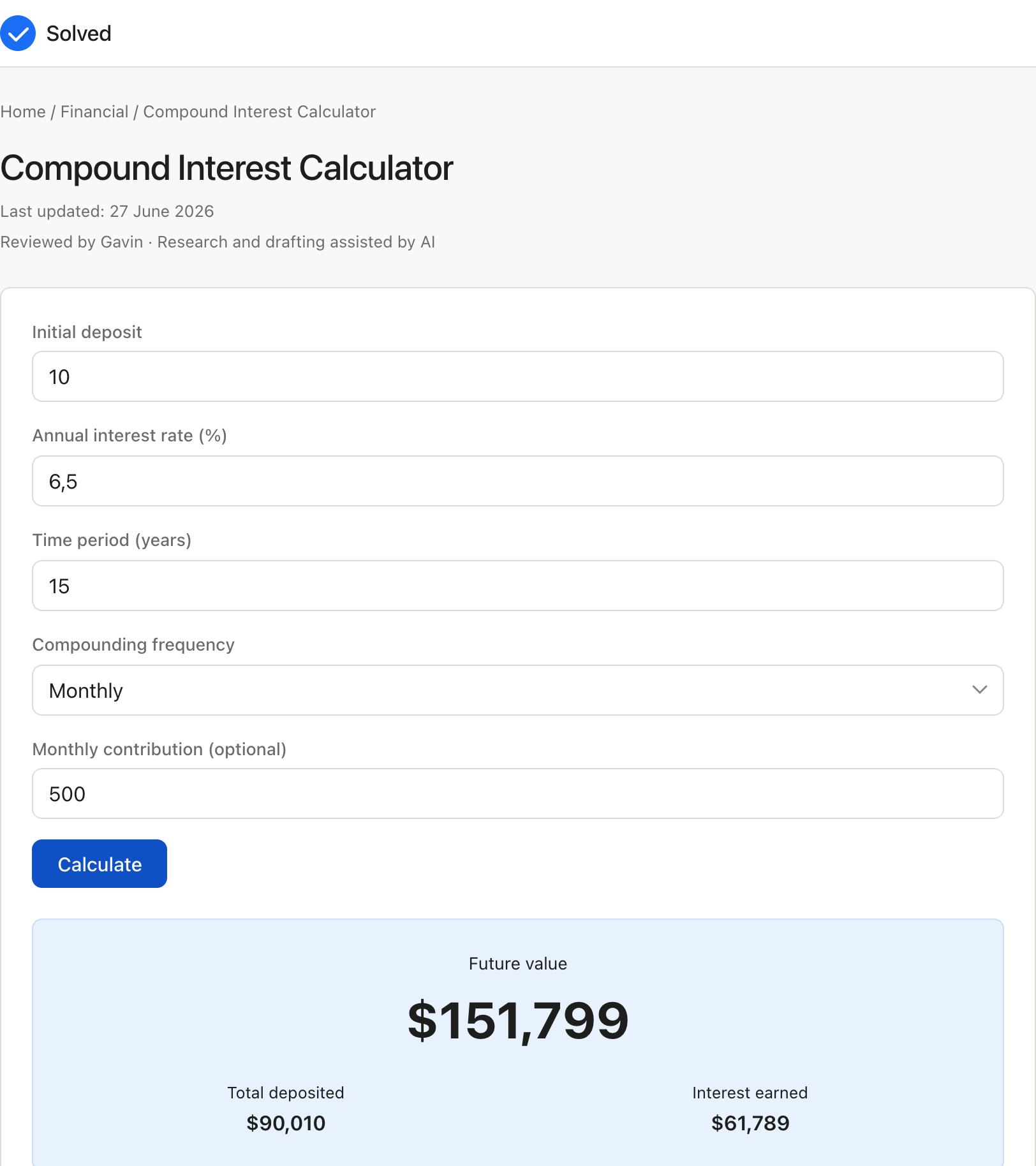 Compound Interest Calculator with sample inputs filled and the result shown