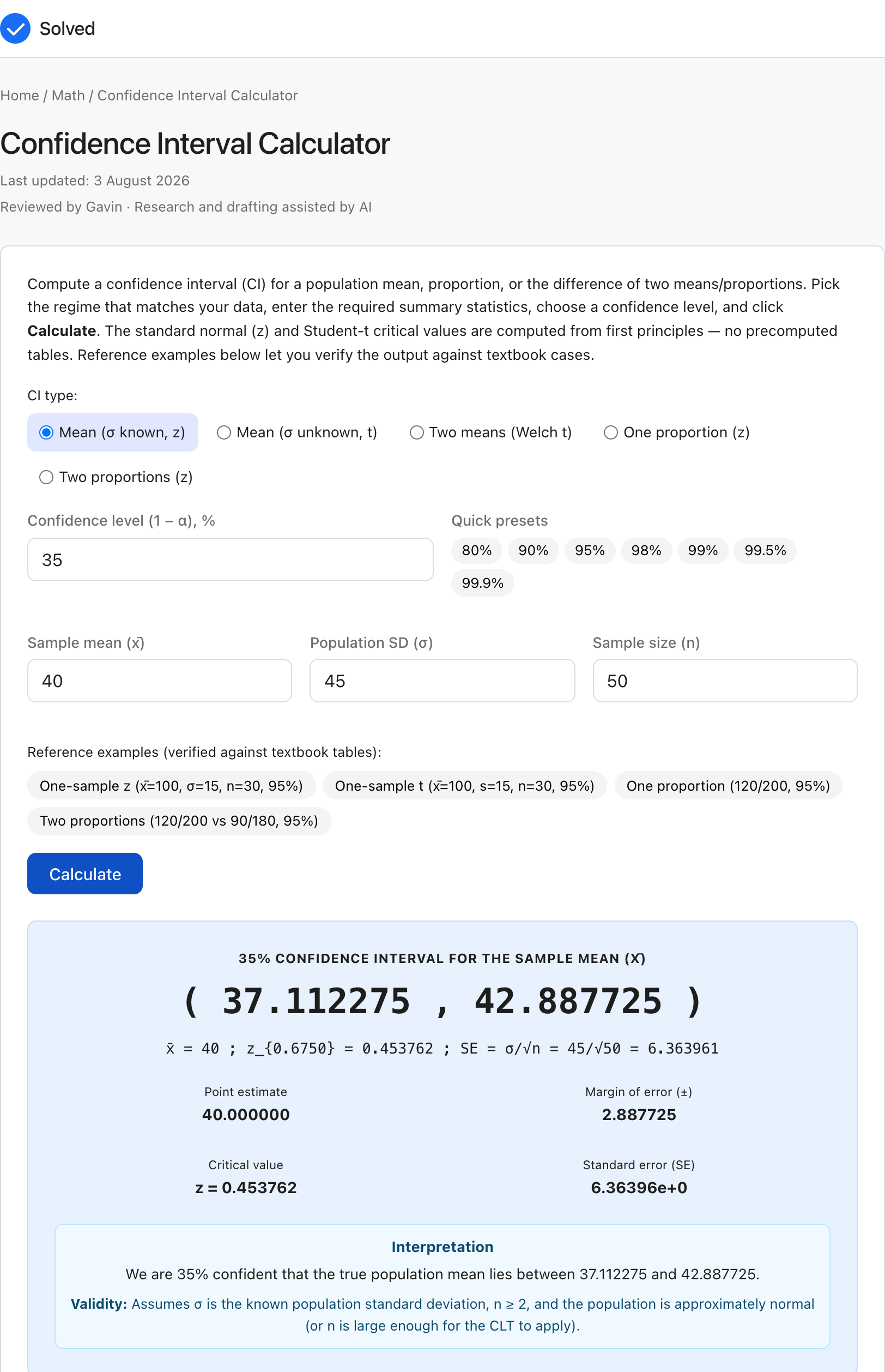 Confidence Interval Calculator with sample inputs filled and the result shown