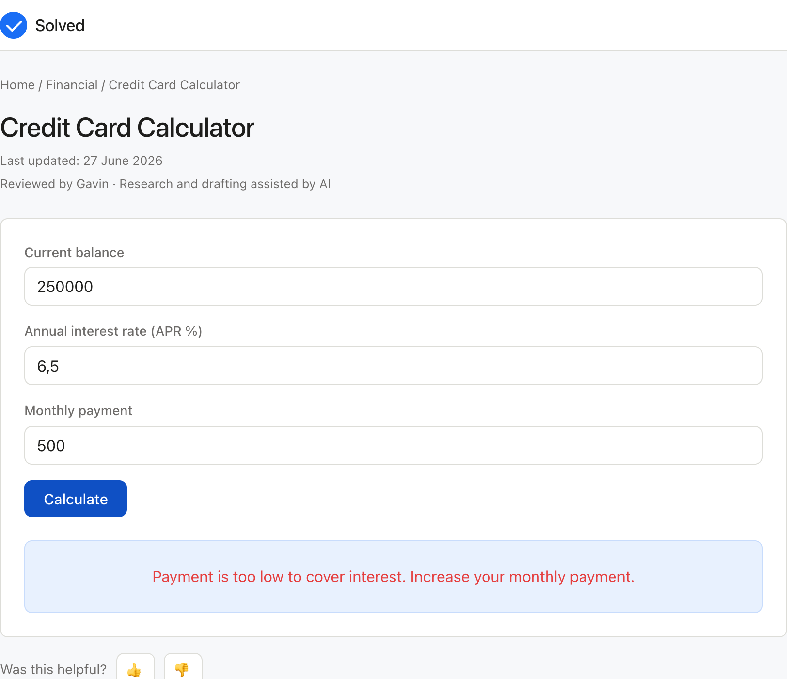 Credit Card Calculator with sample inputs filled and the result shown
