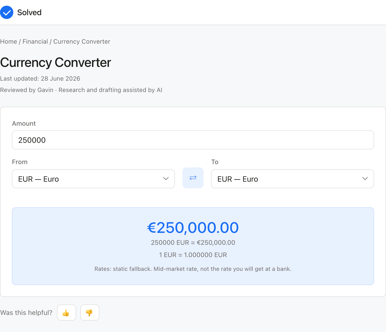 Currency Converter with sample inputs filled and the result shown