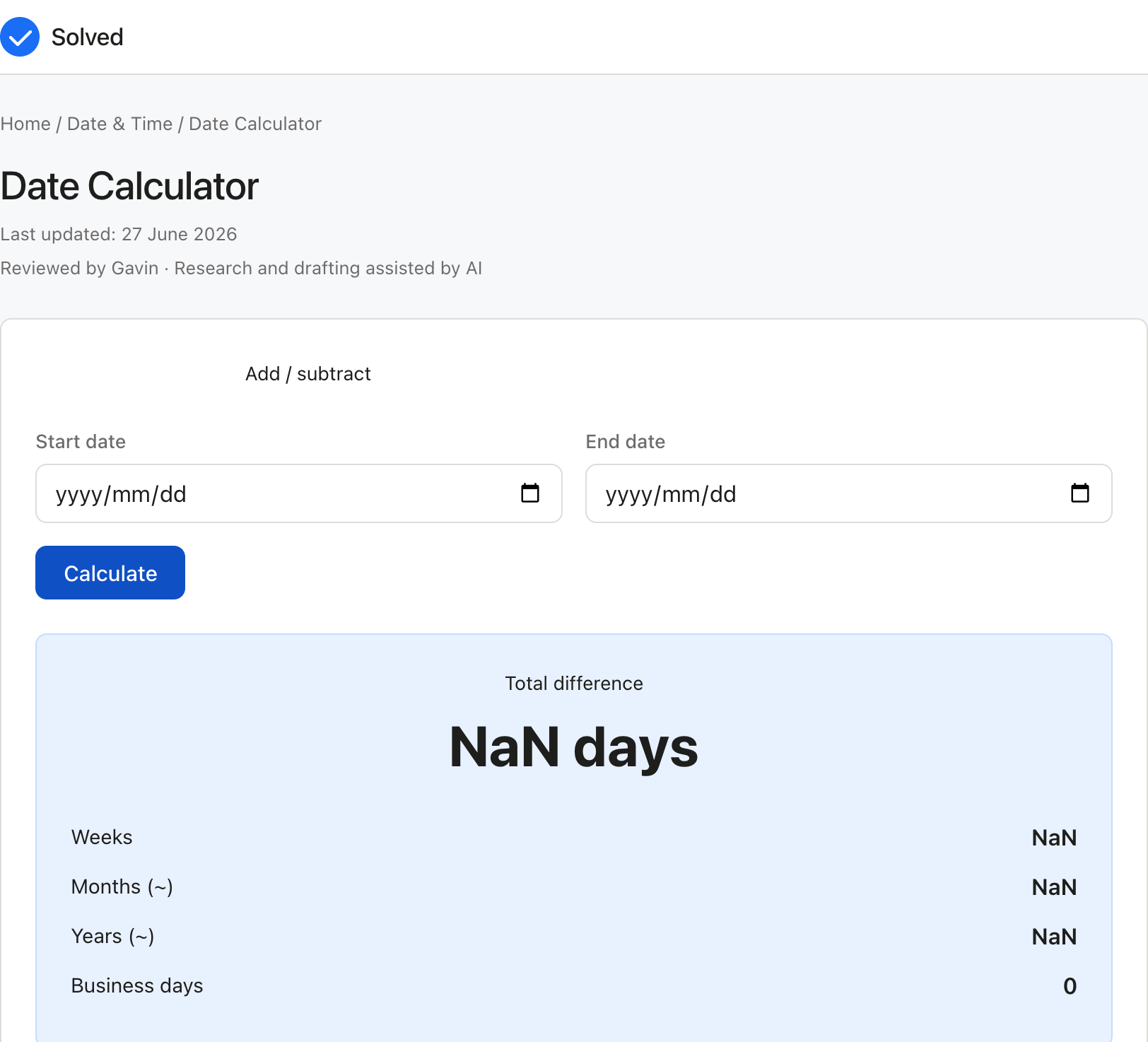 Date Calculator with sample inputs filled and the result shown