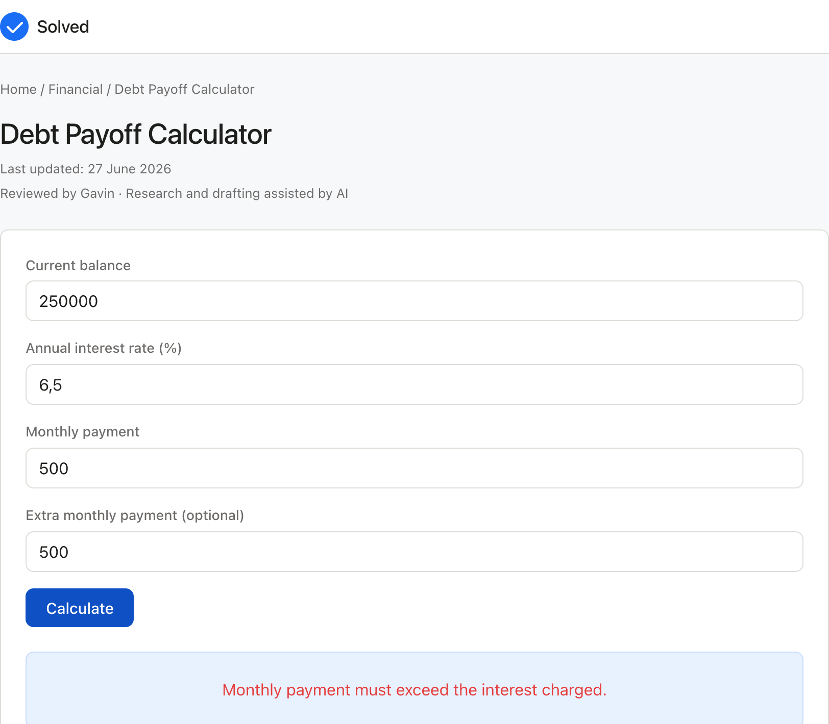 Debt Payoff Calculator with sample inputs filled and the result shown