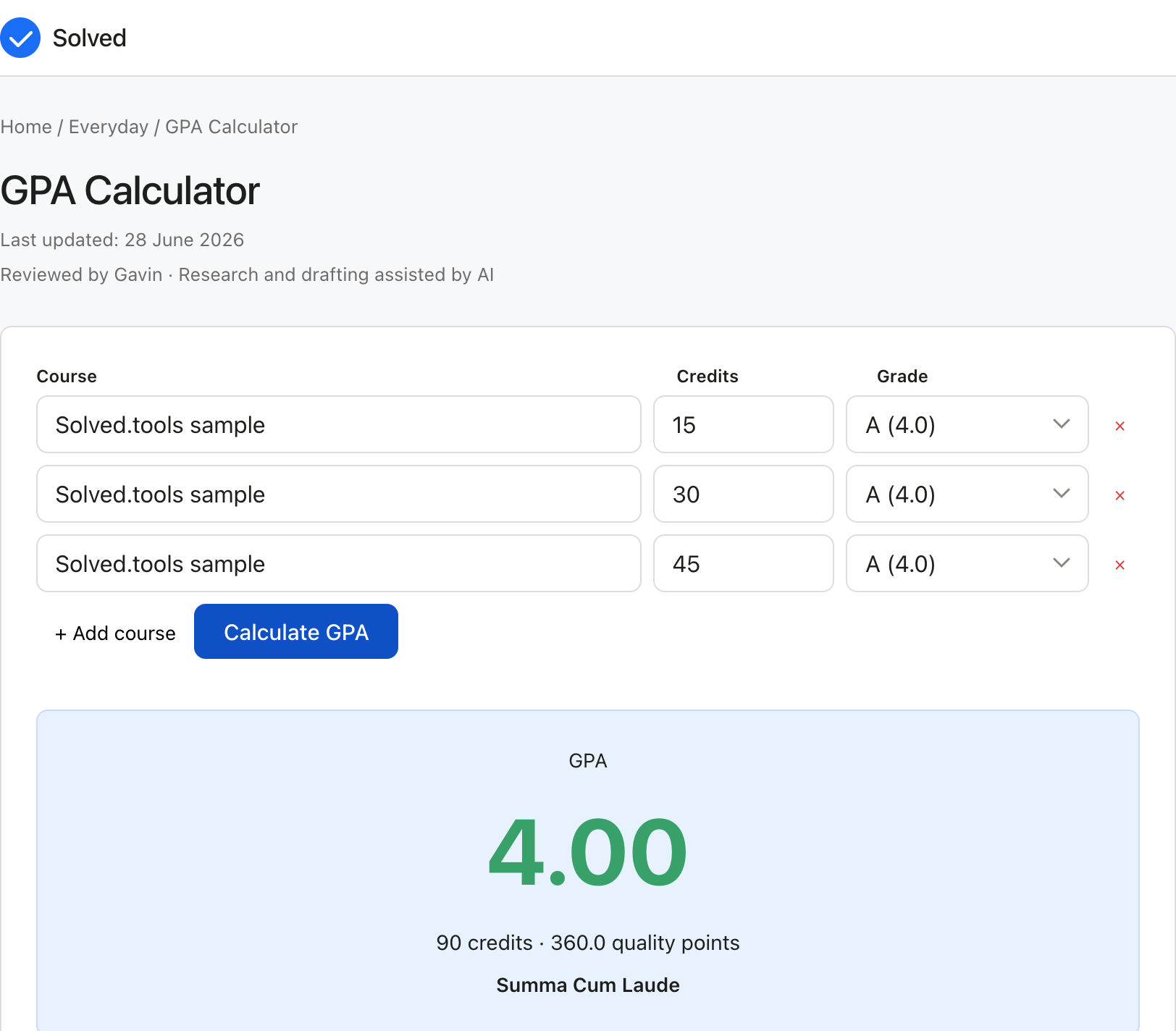 GPA Calculator with sample inputs filled and the result shown
