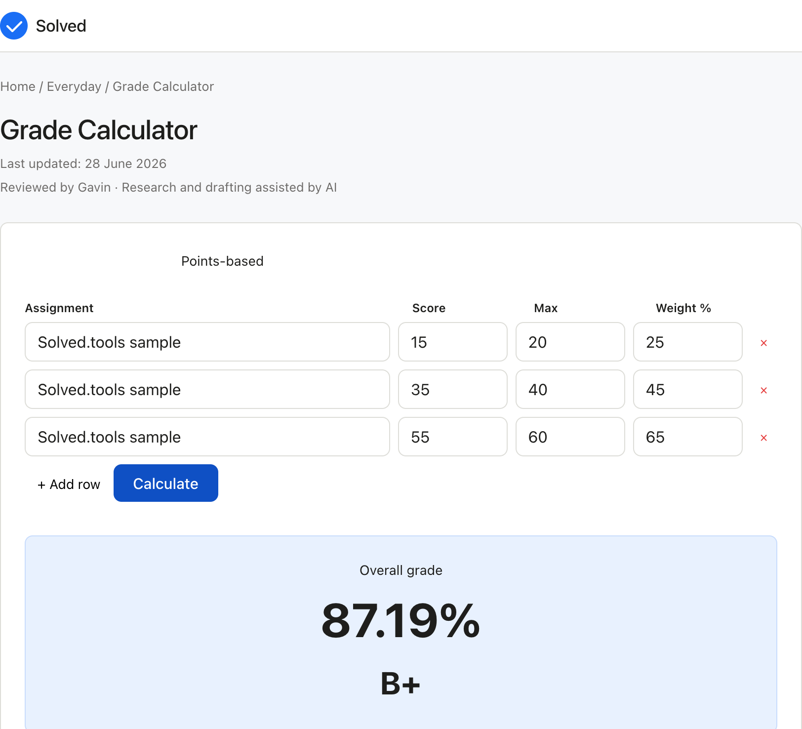 Grade Calculator with sample inputs filled and the result shown