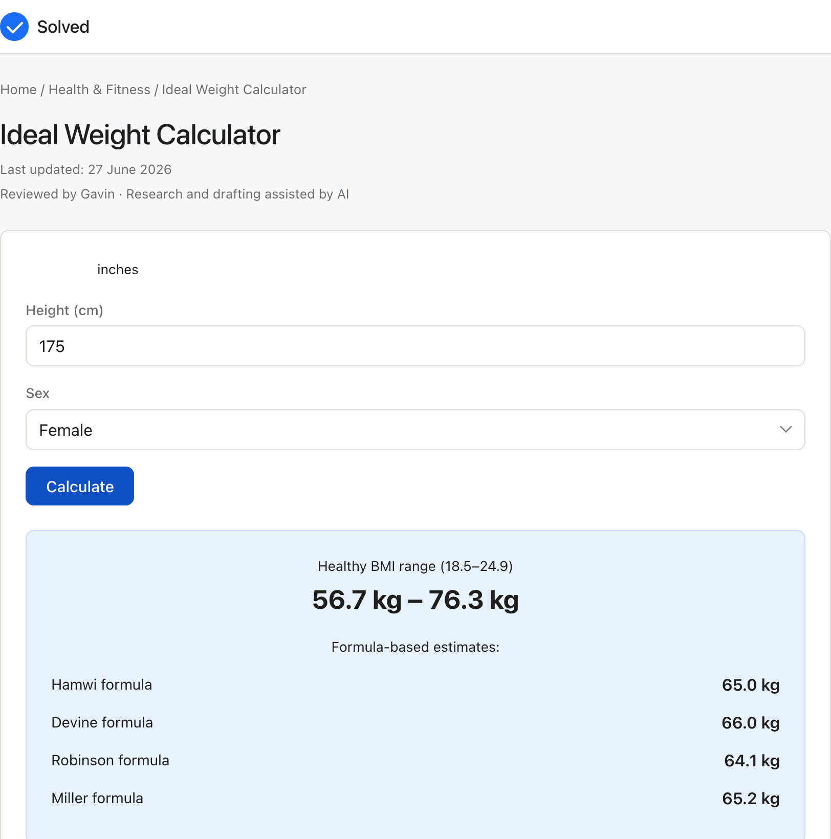 Ideal Weight Calculator with sample inputs filled and the result shown
