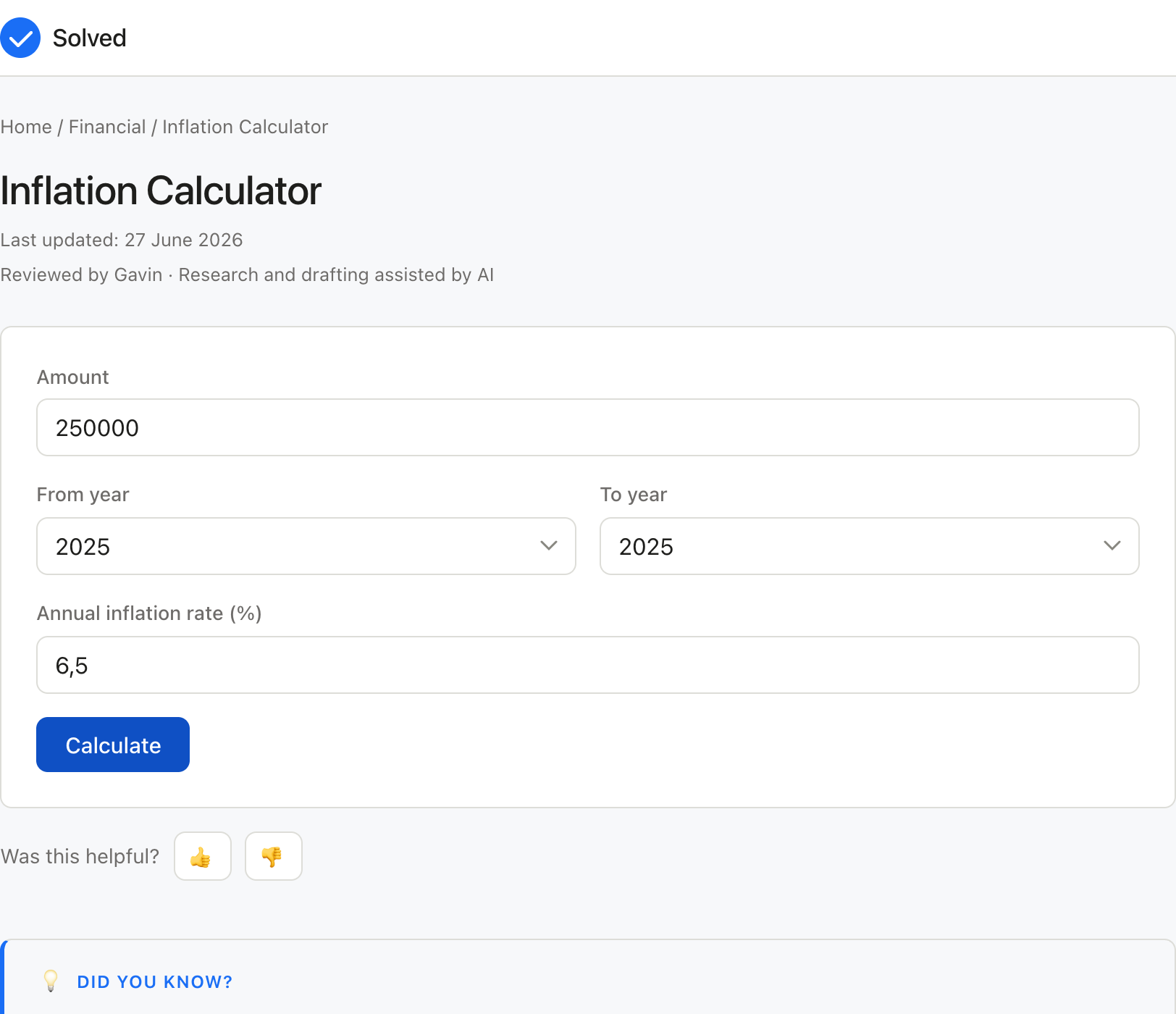 Inflation Calculator with sample inputs filled and the result shown