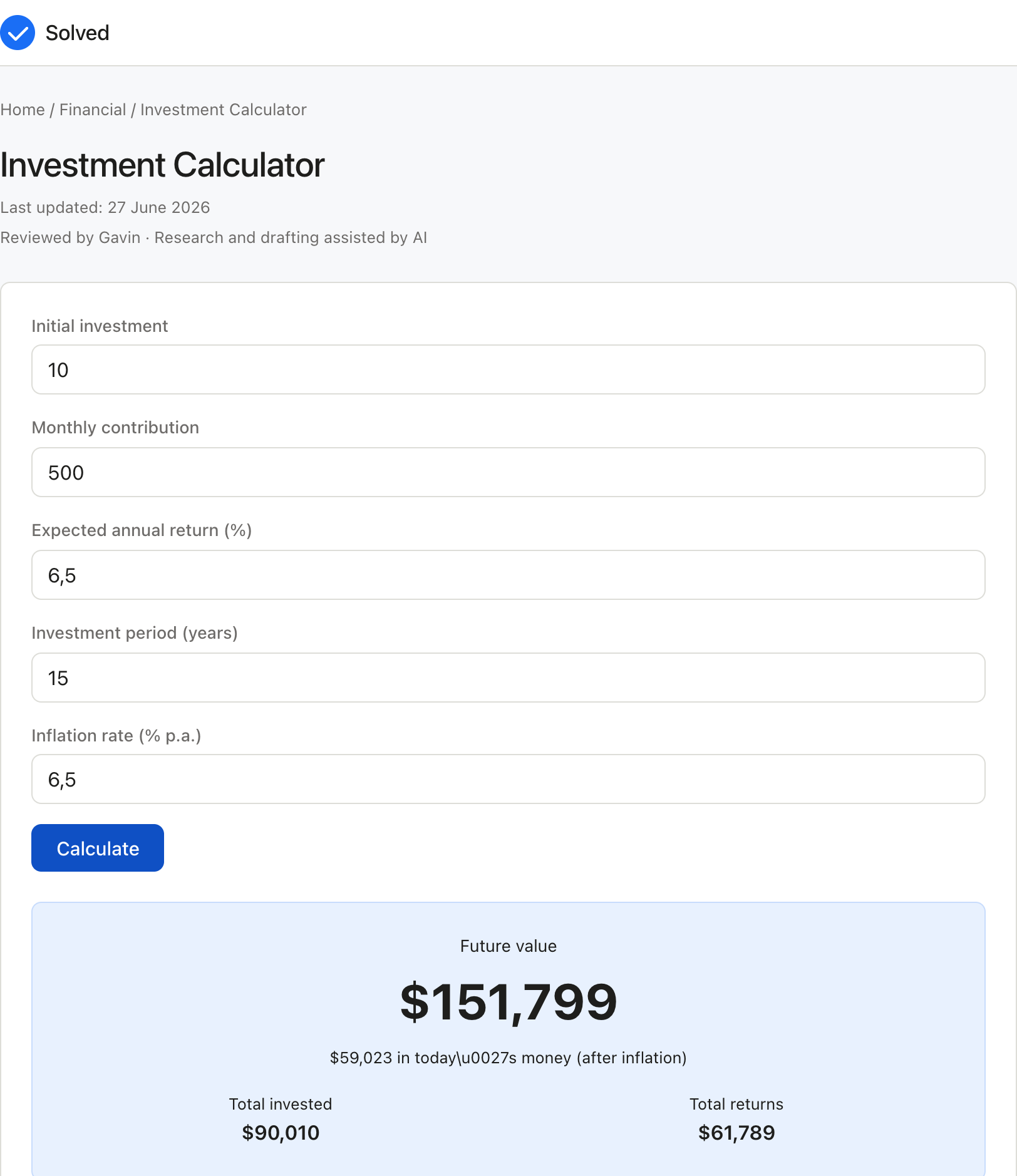 Investment Calculator with sample inputs filled and the result shown