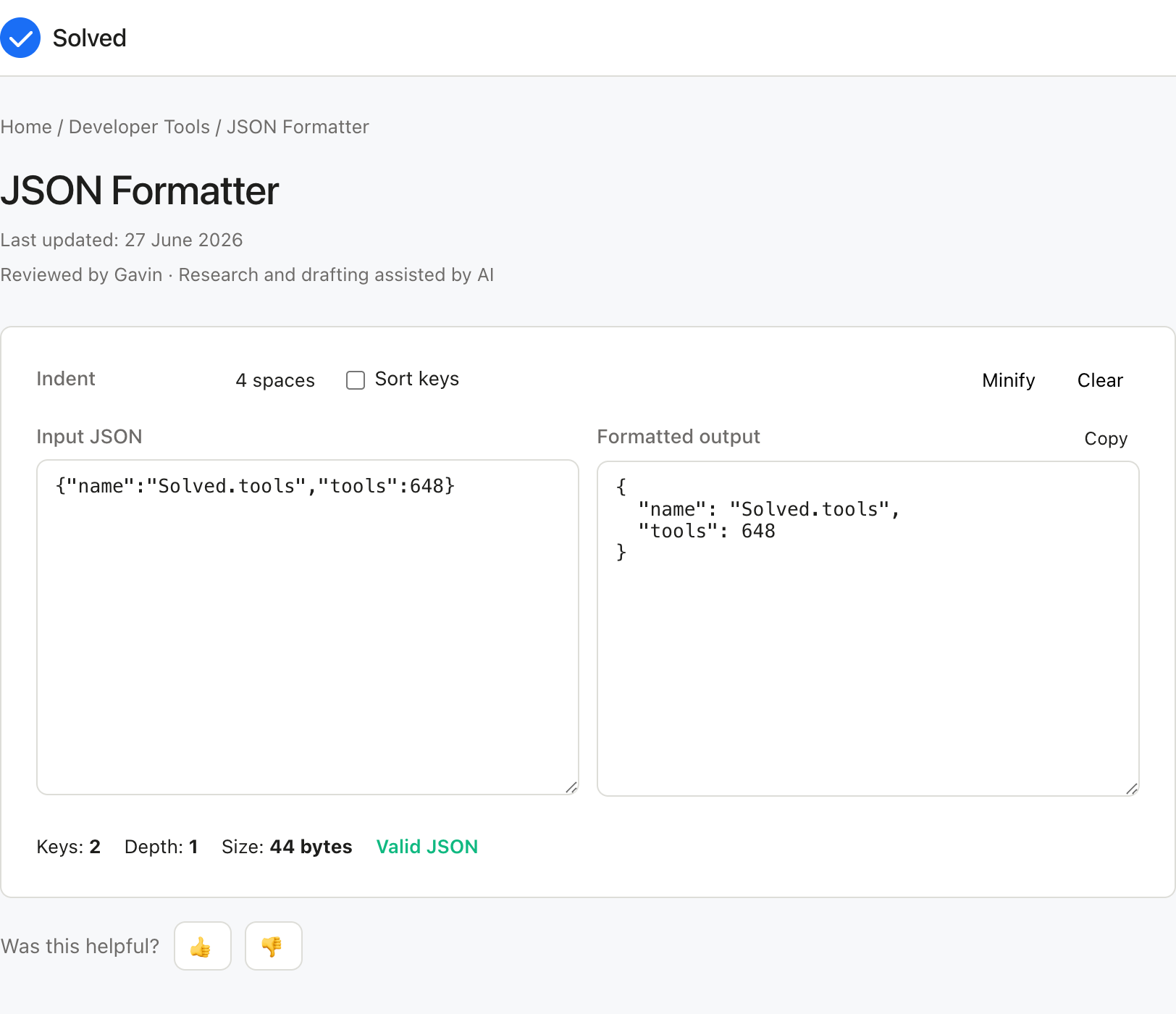 JSON Formatter with sample inputs filled and the result shown