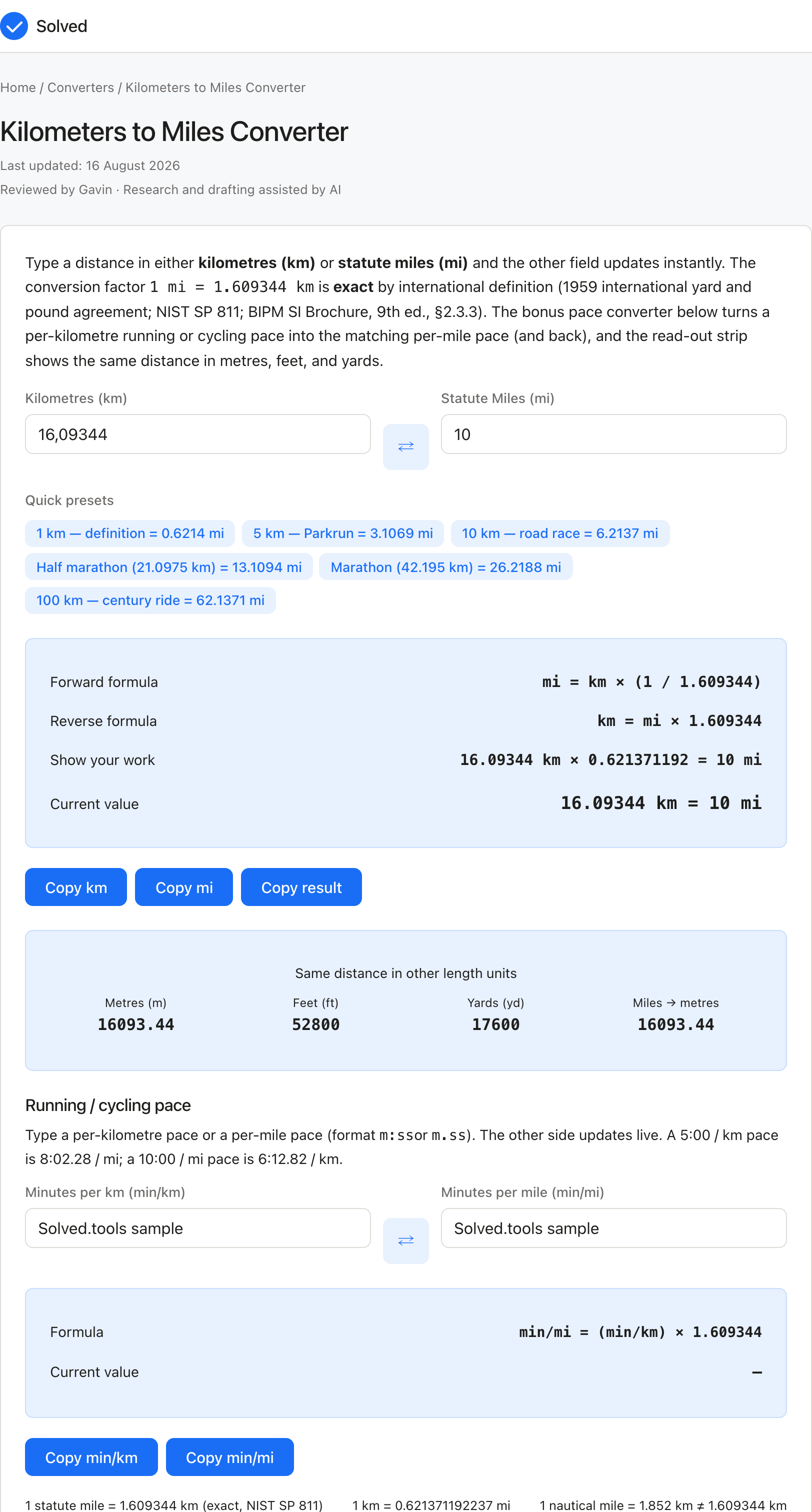Kilometers to Miles Converter with sample inputs filled and the result shown
