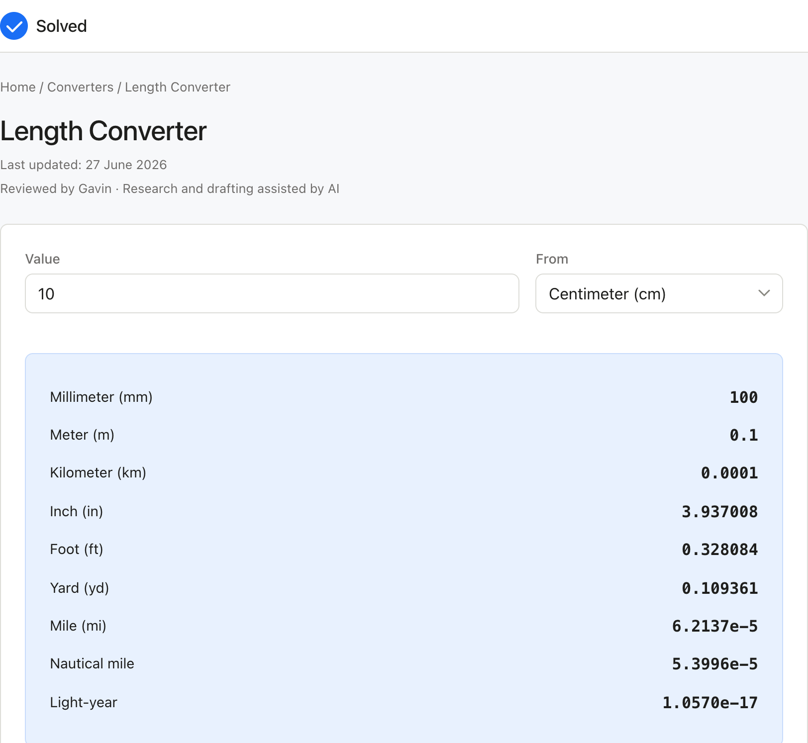 Length Converter with sample inputs filled and the result shown