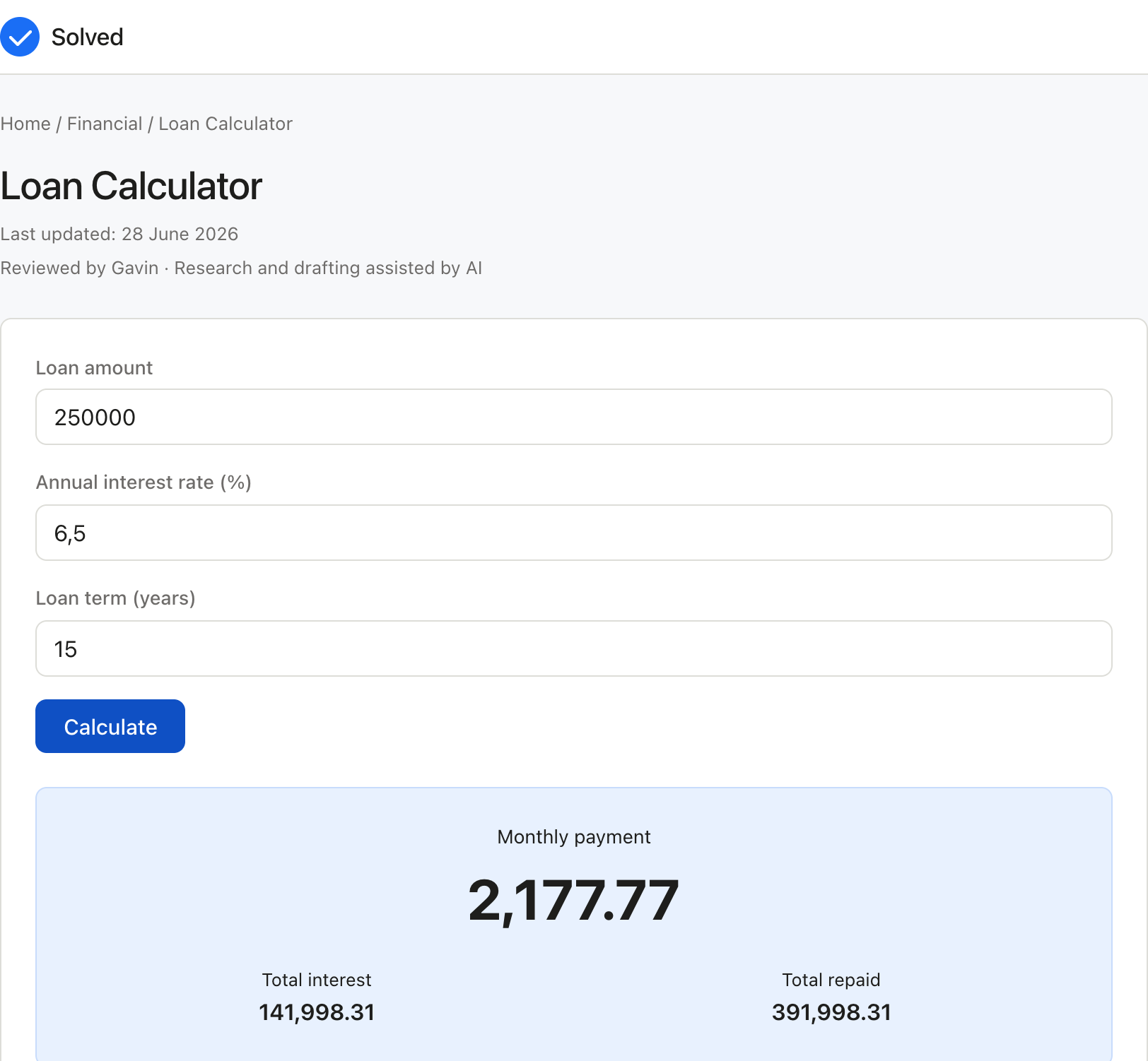 Loan Calculator with sample inputs filled and the result shown