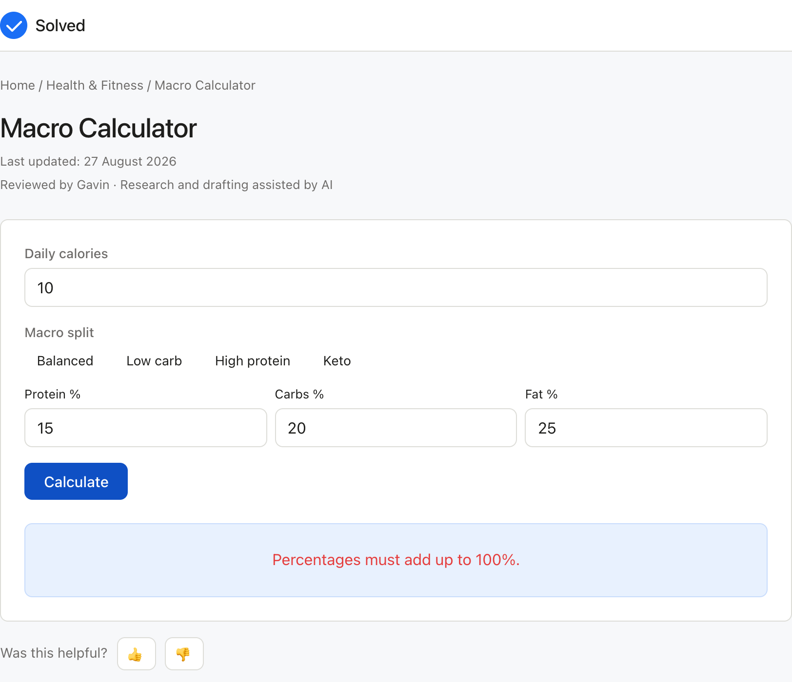 Macro Calculator with sample inputs filled and the result shown