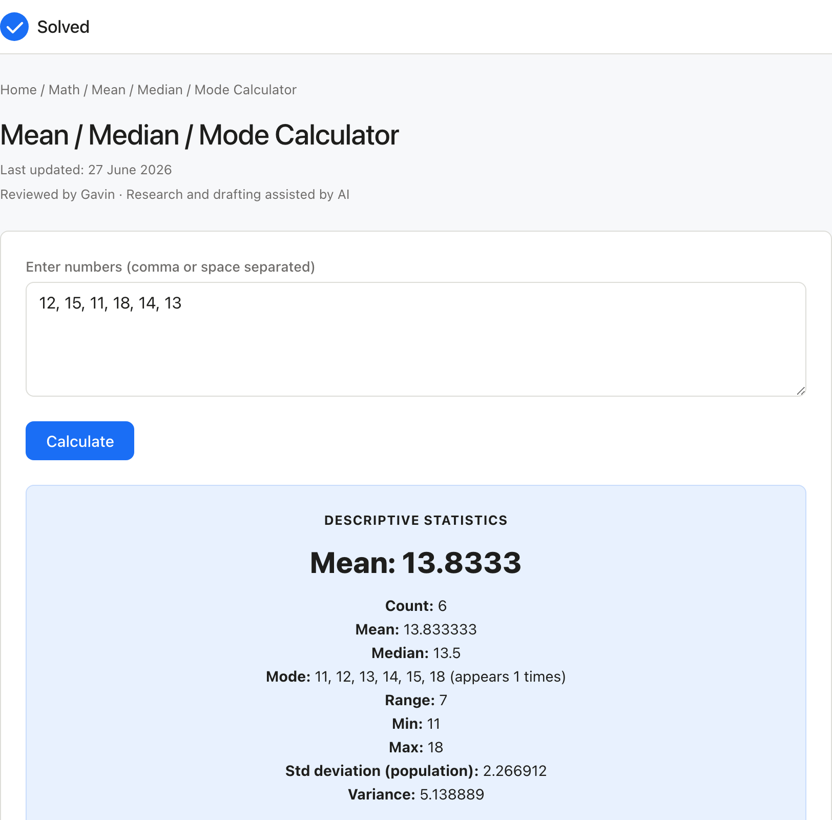 Mean / Median / Mode Calculator with sample inputs filled and the result shown