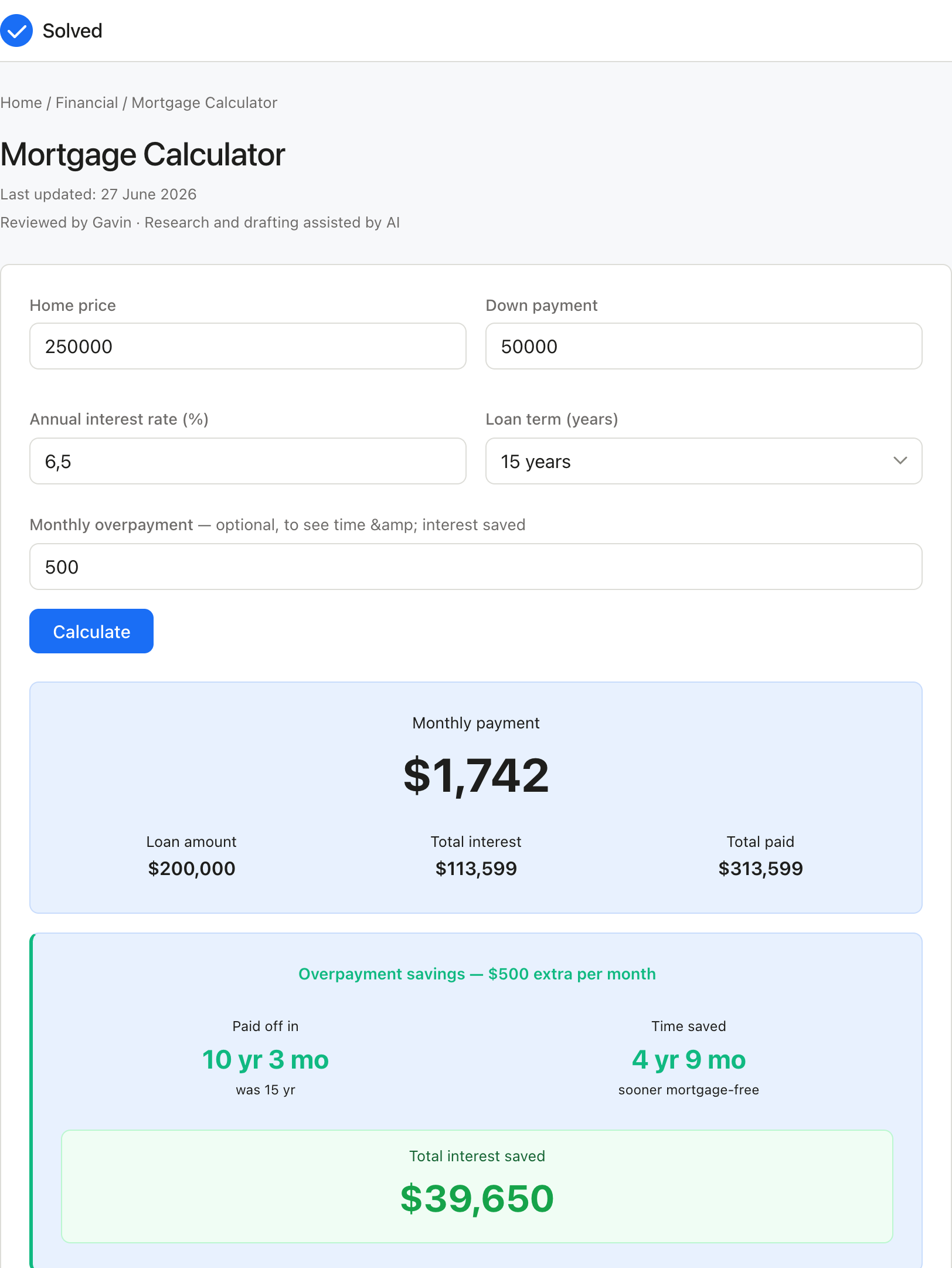 Mortgage Calculator with sample inputs filled and the result shown