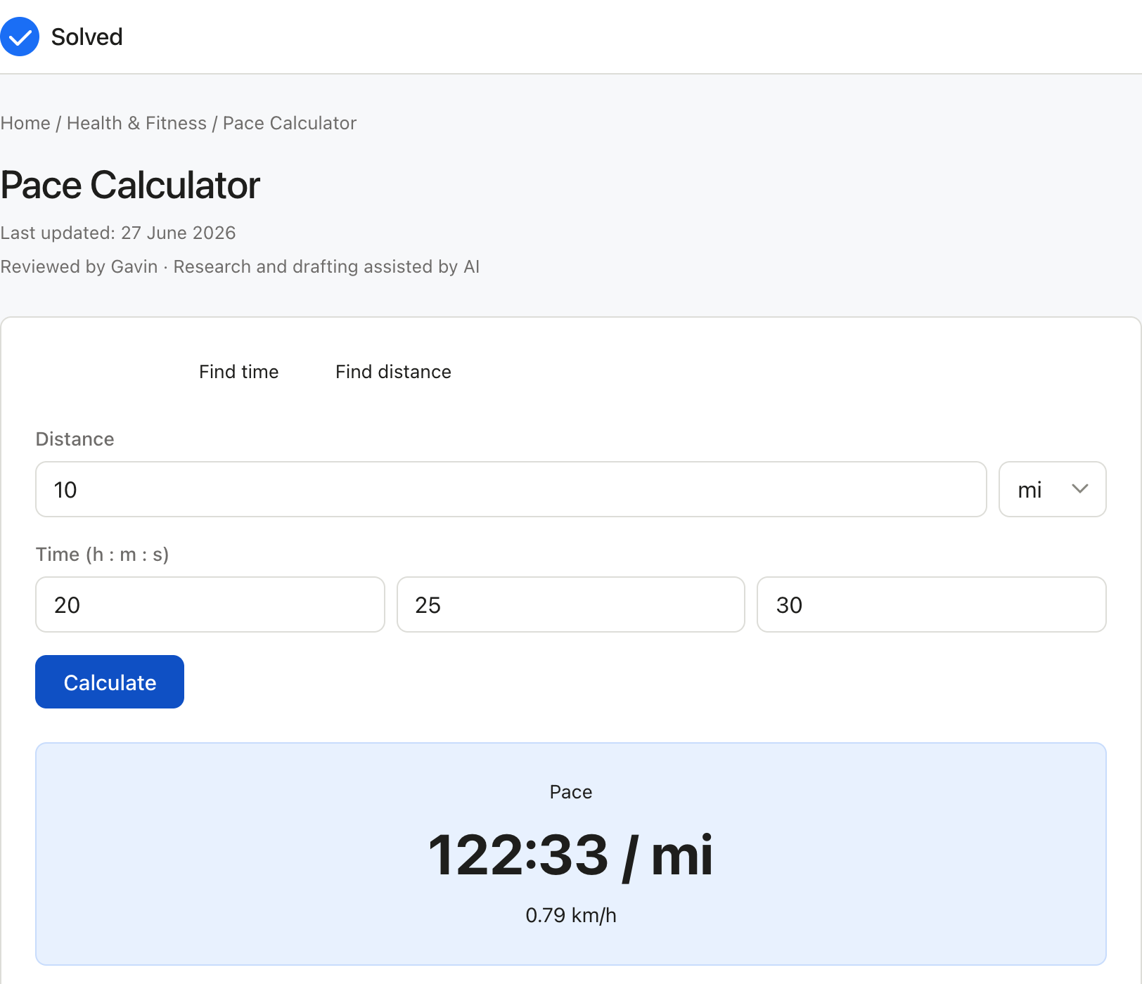 Pace Calculator with sample inputs filled and the result shown