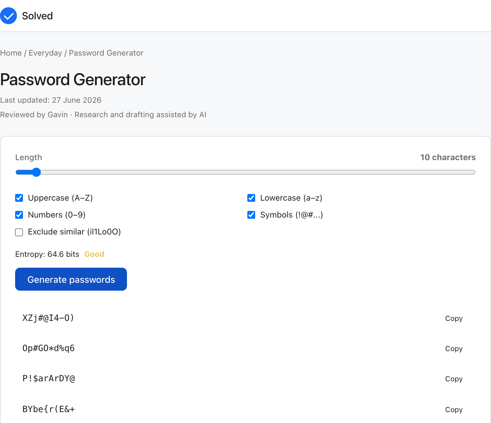 Password Generator with sample inputs filled and the result shown