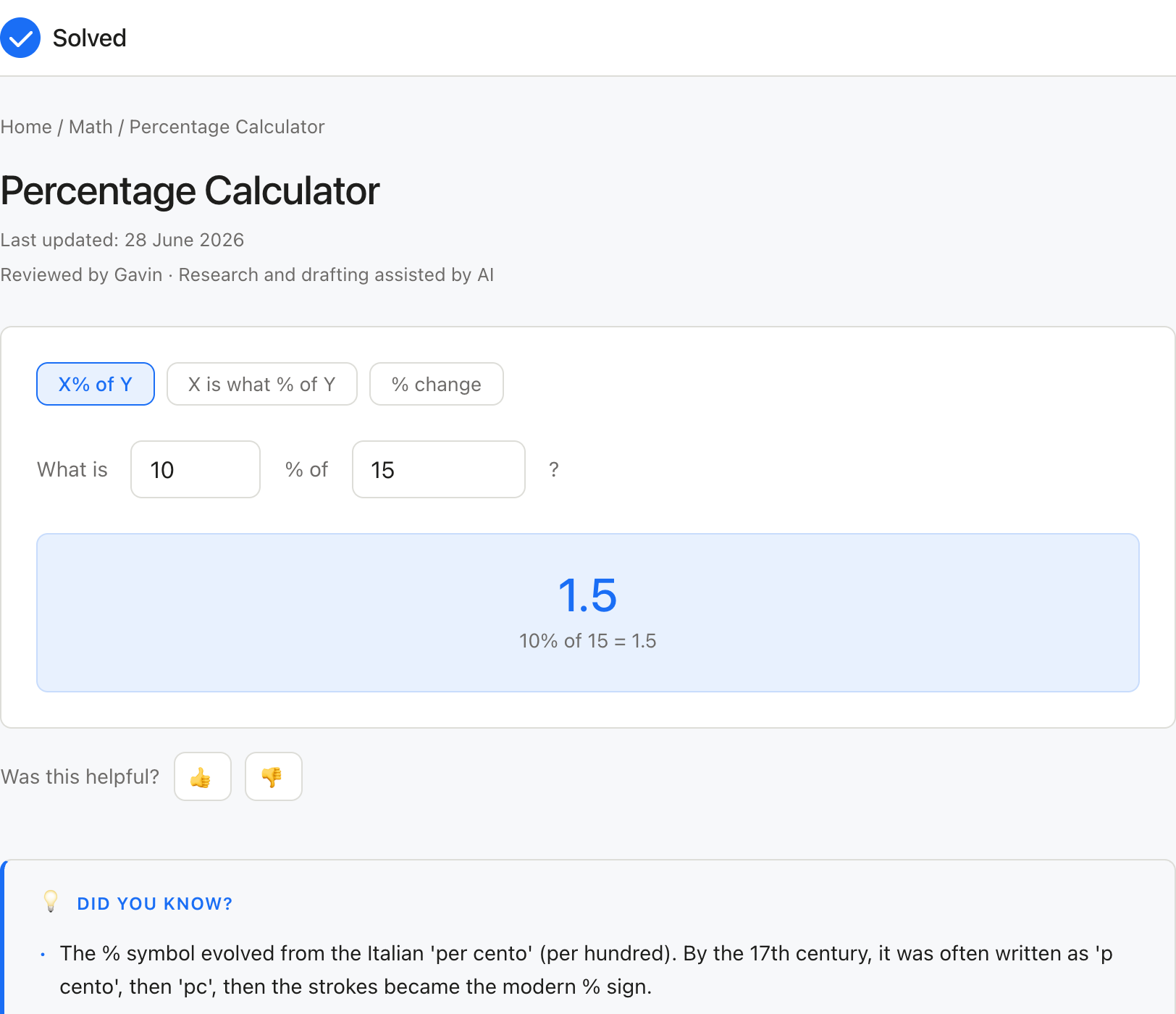 Percentage Calculator with sample inputs filled and the result shown