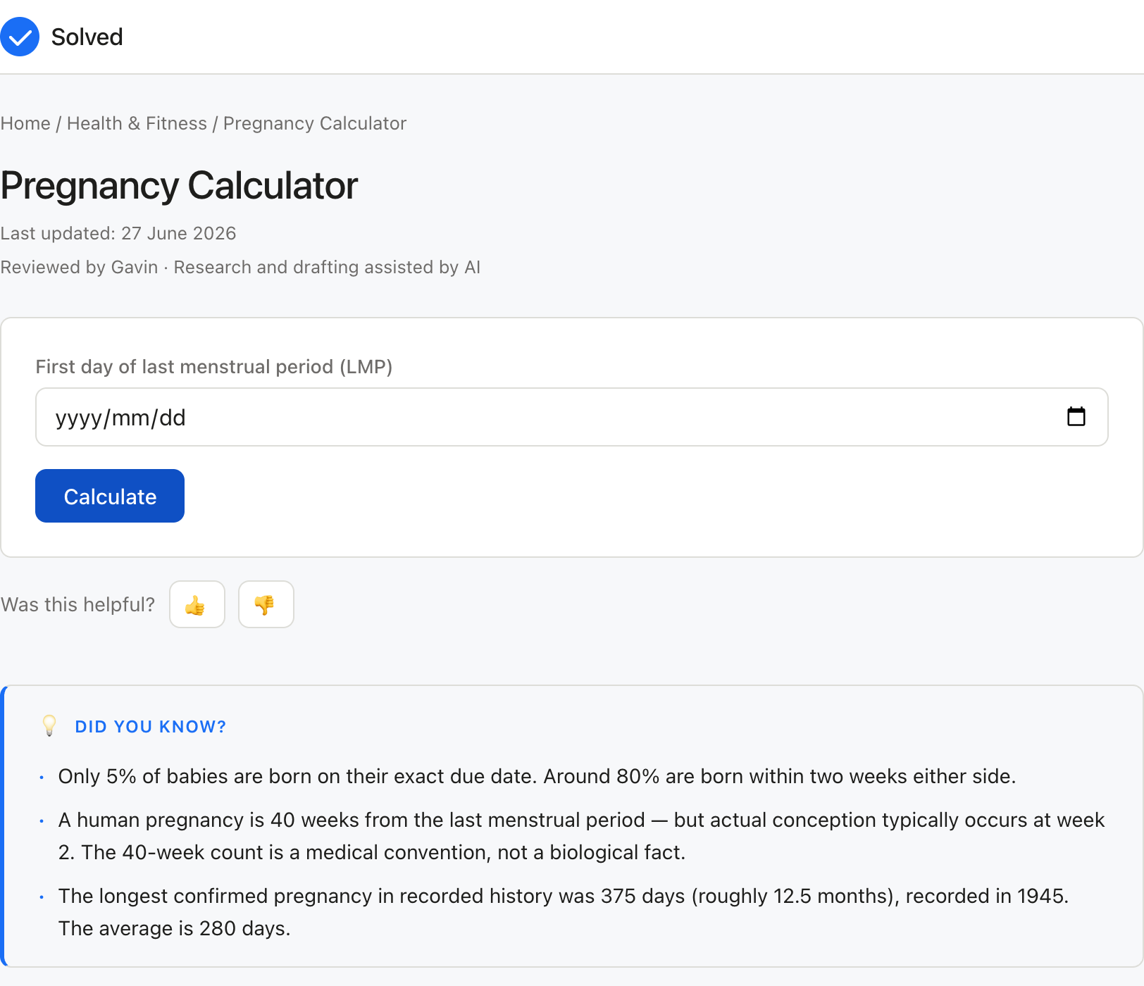 Pregnancy Calculator with sample inputs filled and the result shown
