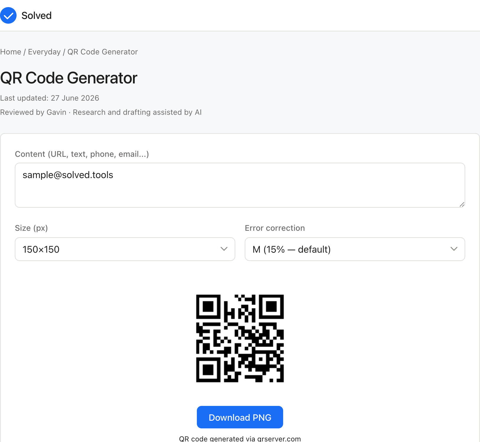 QR Code Generator with sample inputs filled and the result shown