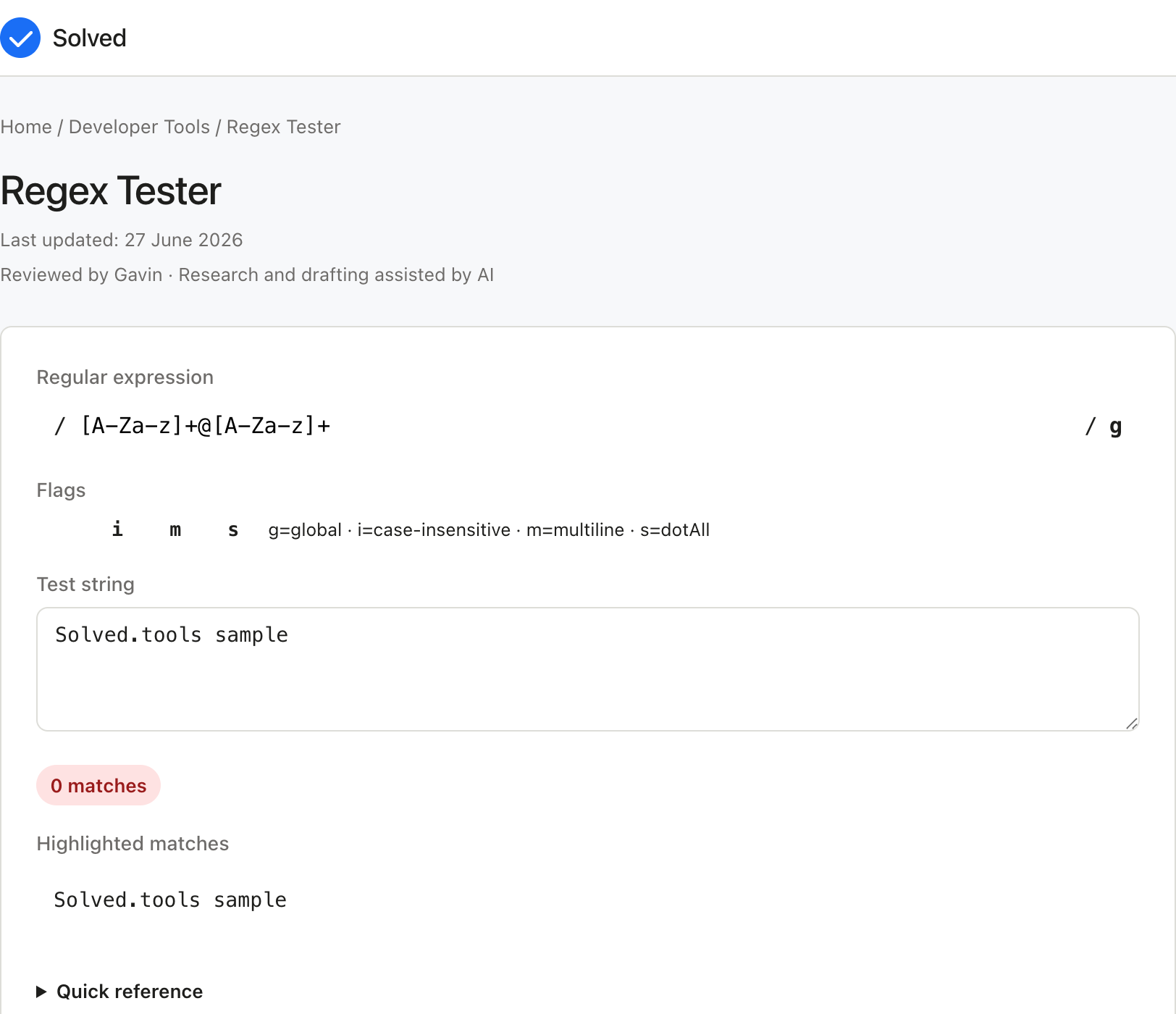 Regex Tester with sample inputs filled and the result shown