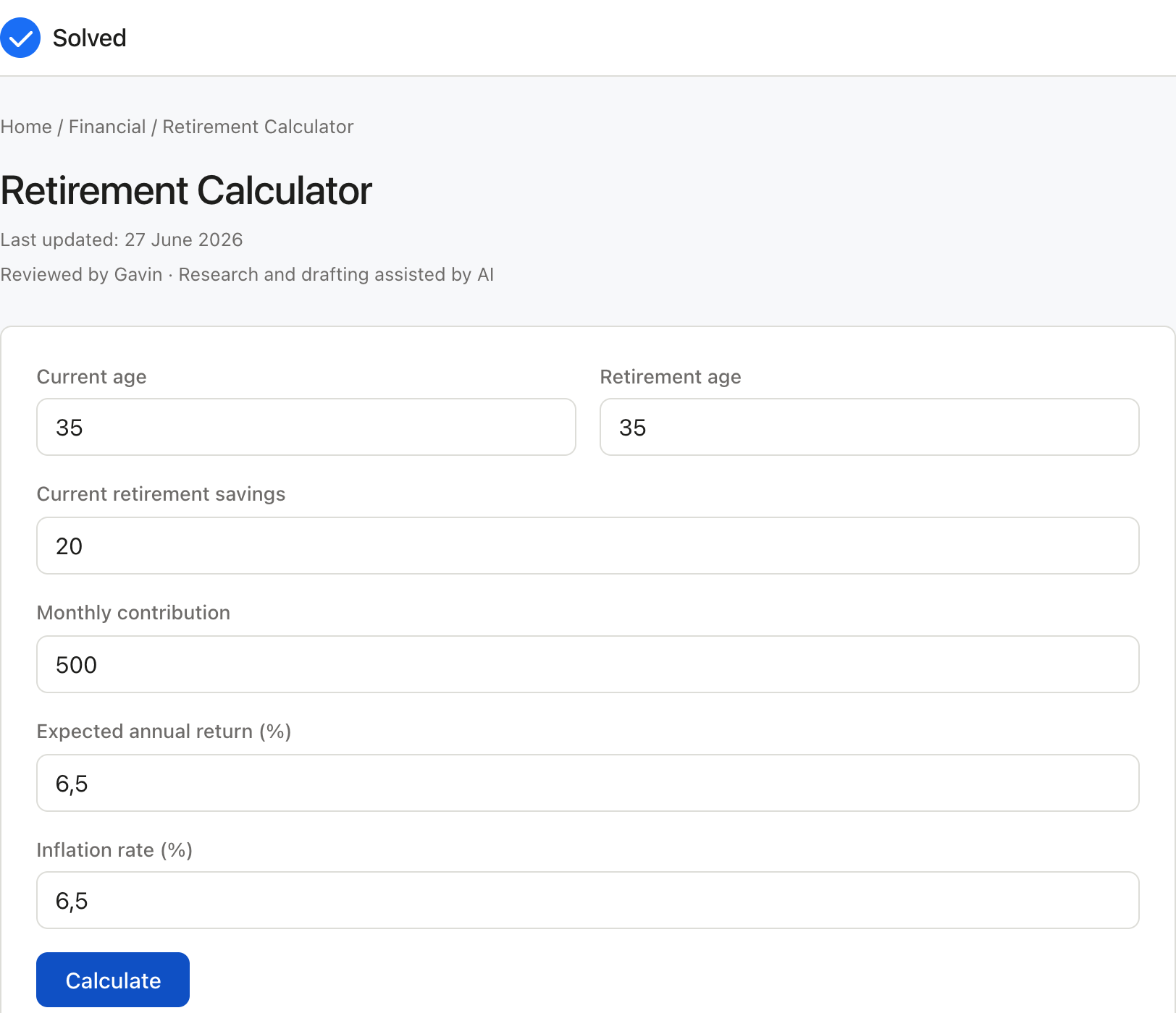 Retirement Calculator with sample inputs filled and the result shown