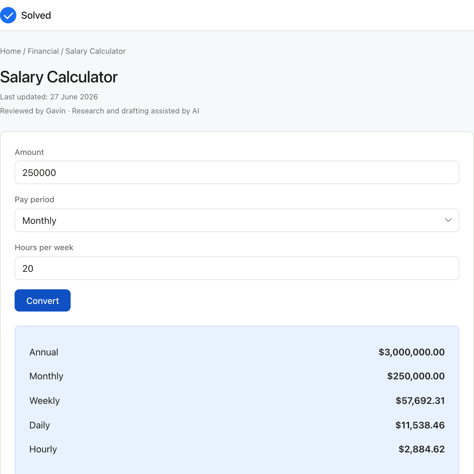 Salary Calculator with sample inputs filled and the result shown