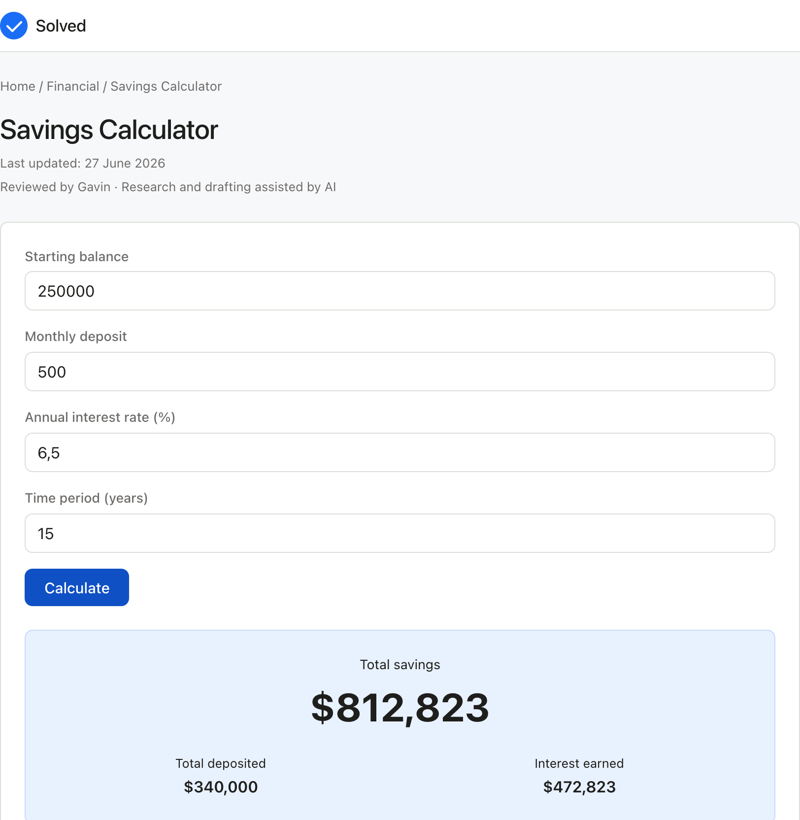 Savings Calculator with sample inputs filled and the result shown