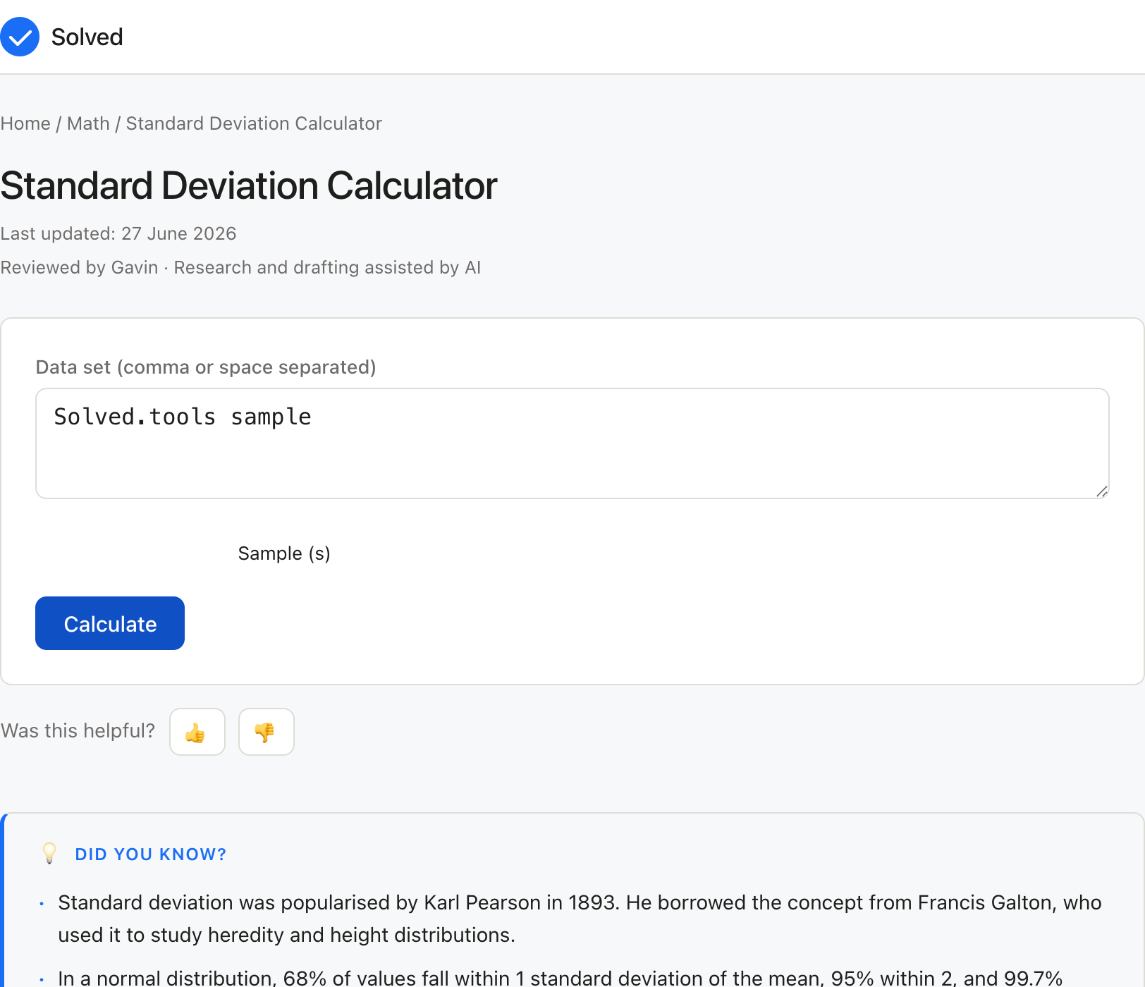 Standard Deviation Calculator with sample inputs filled and the result shown