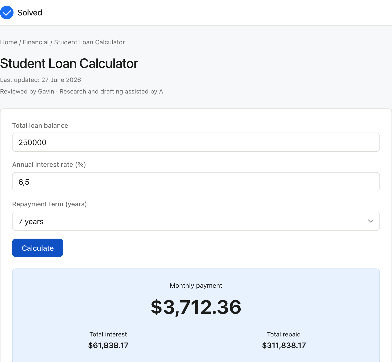 Student Loan Calculator with sample inputs filled and the result shown