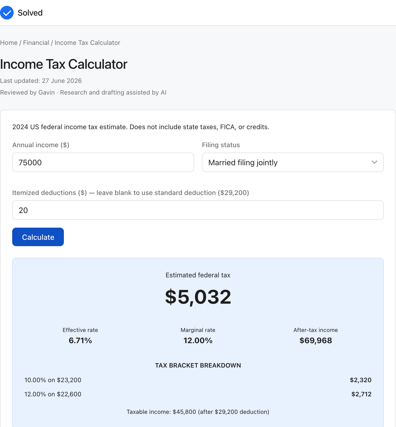 Income Tax Calculator with sample inputs filled and the result shown