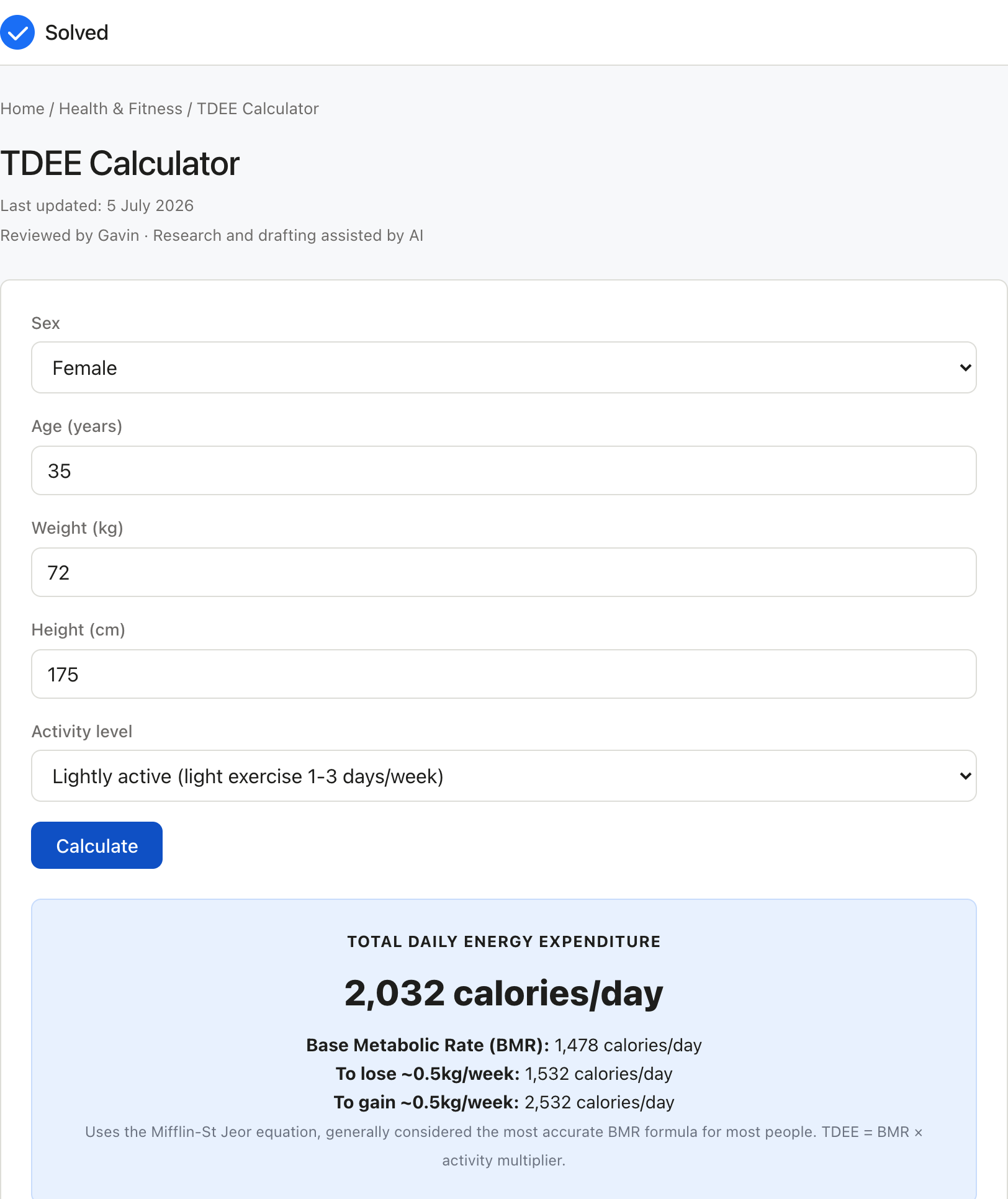TDEE Calculator with sample inputs filled and the result shown