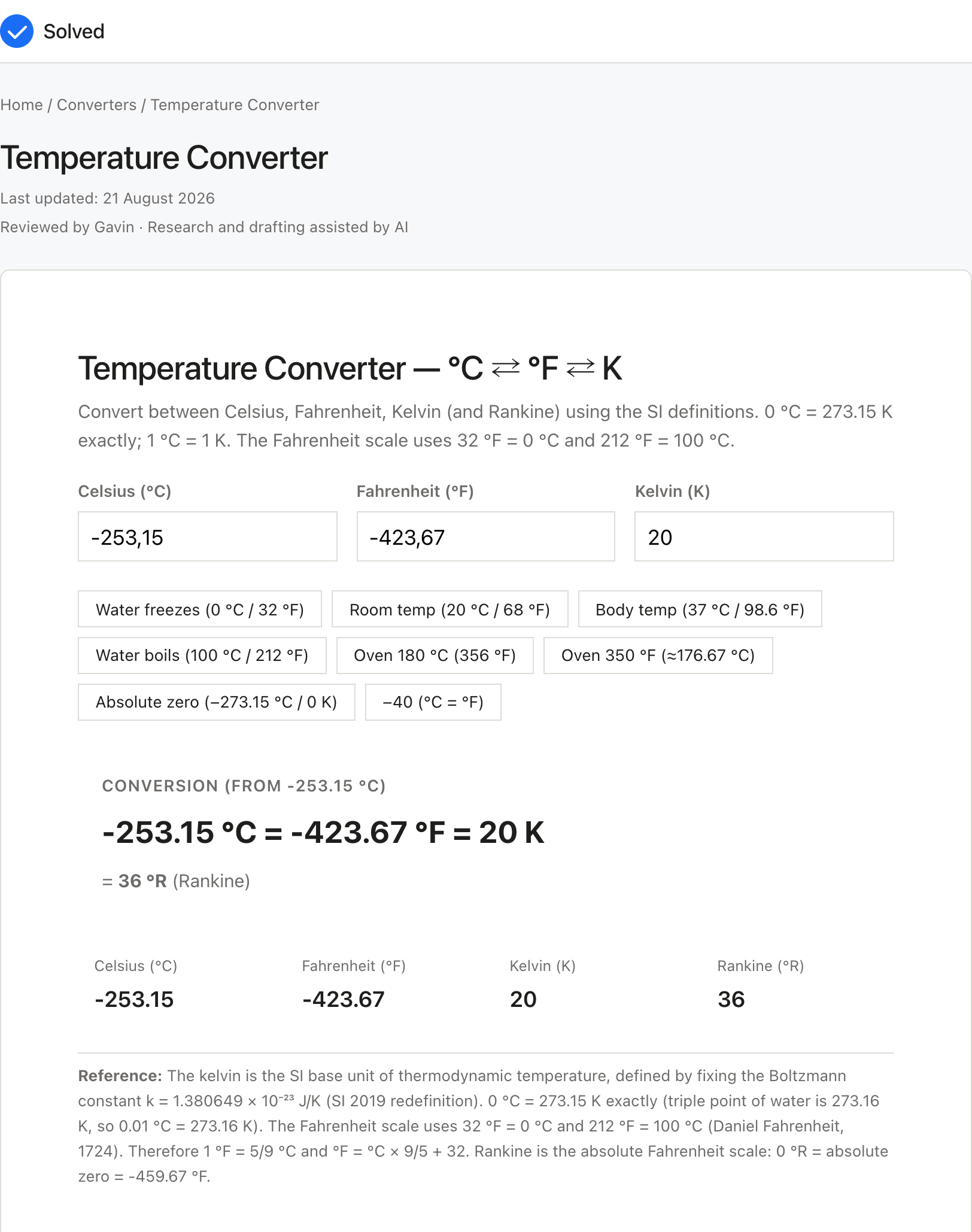 Temperature Converter with sample inputs filled and the result shown