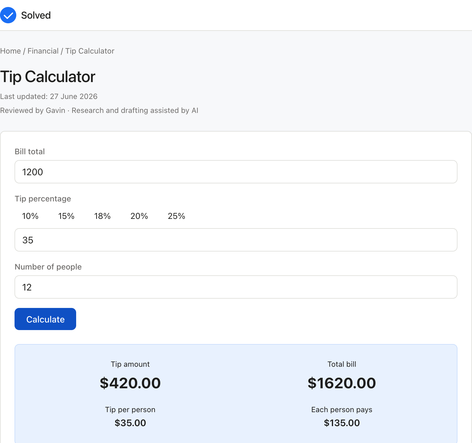 Tip Calculator with sample inputs filled and the result shown