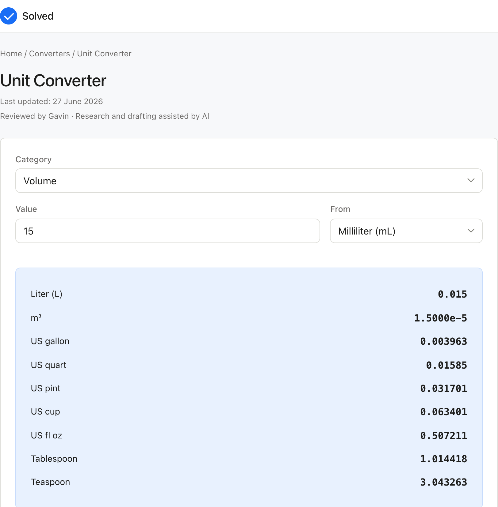 Unit Converter with sample inputs filled and the result shown