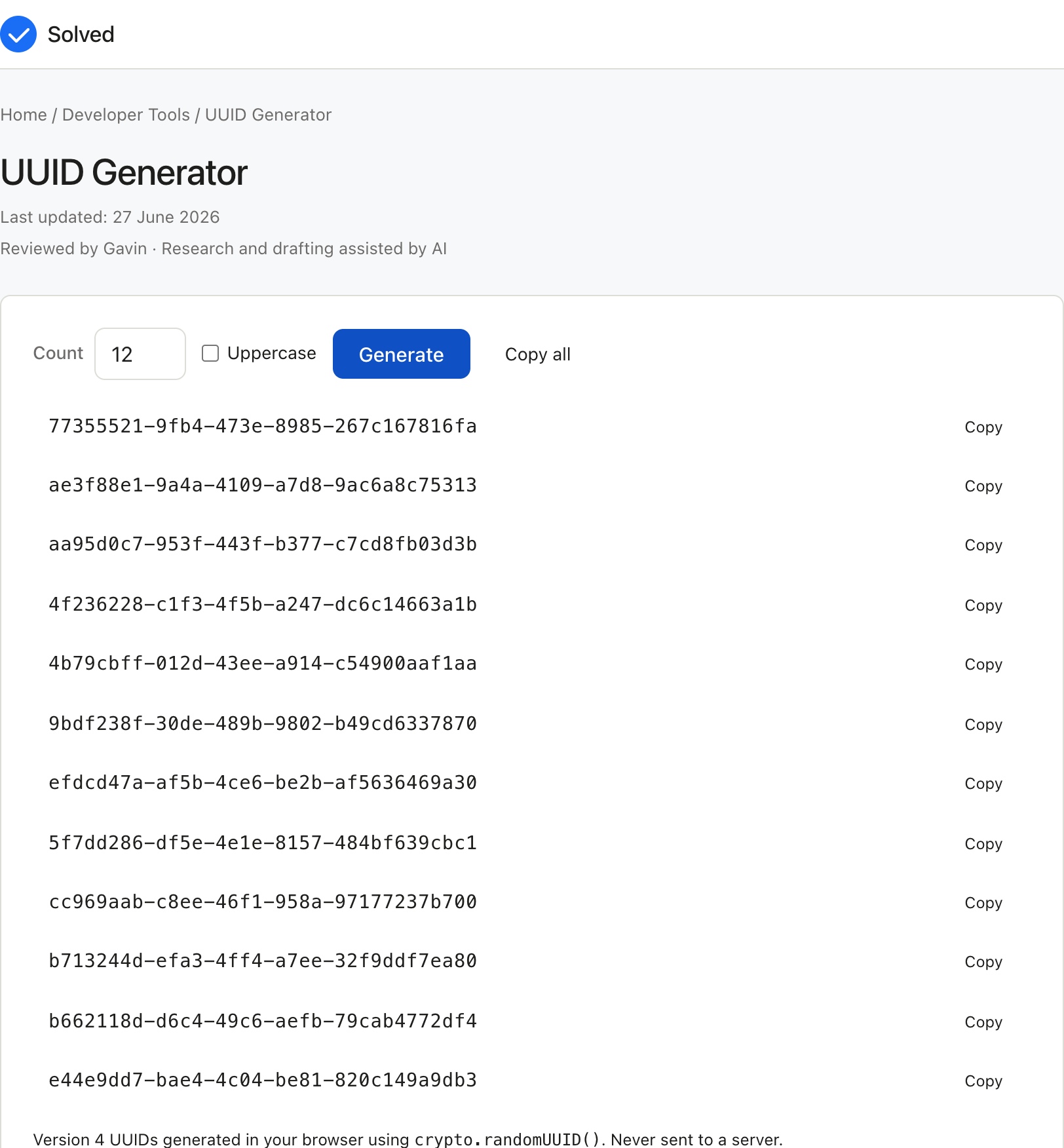UUID Generator with sample inputs filled and the result shown