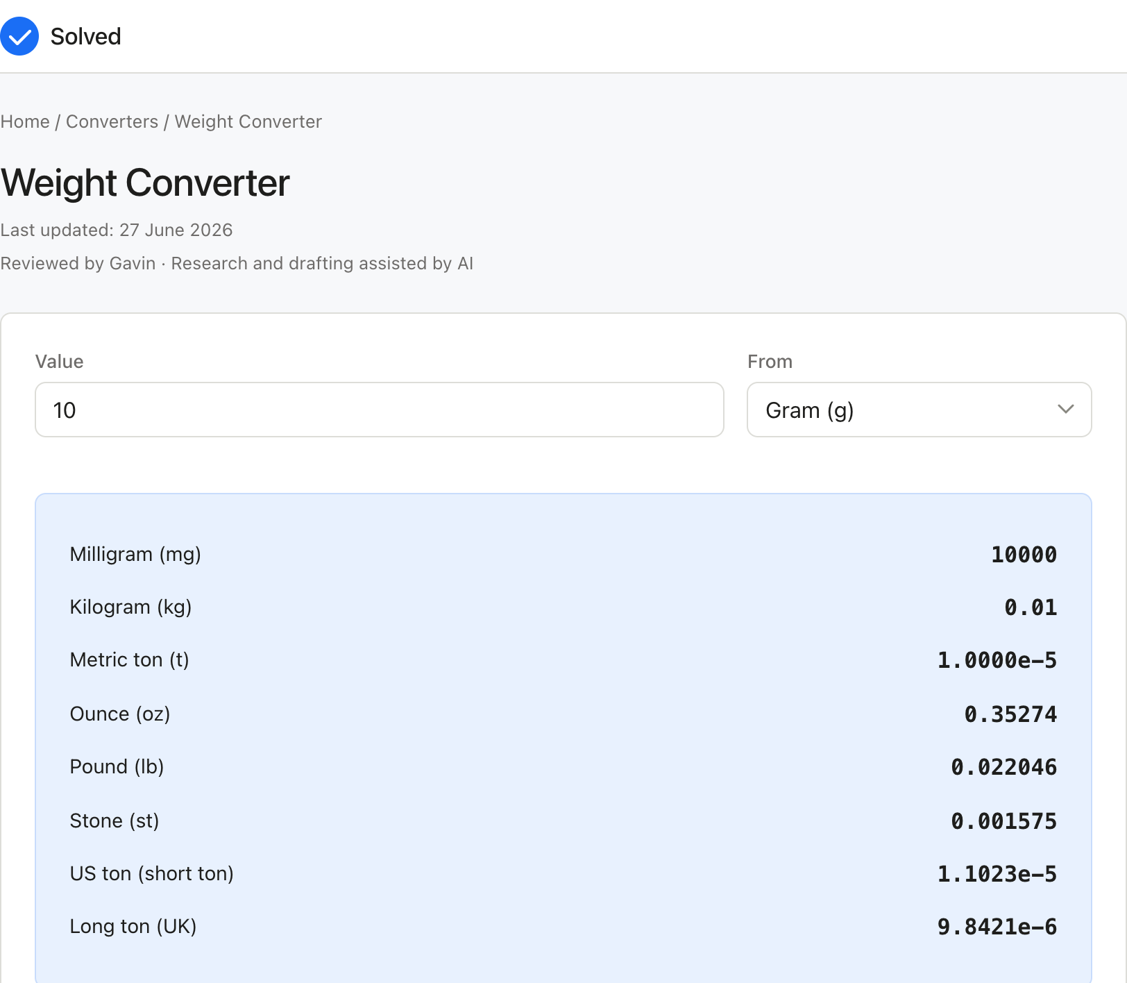Weight Converter with sample inputs filled and the result shown